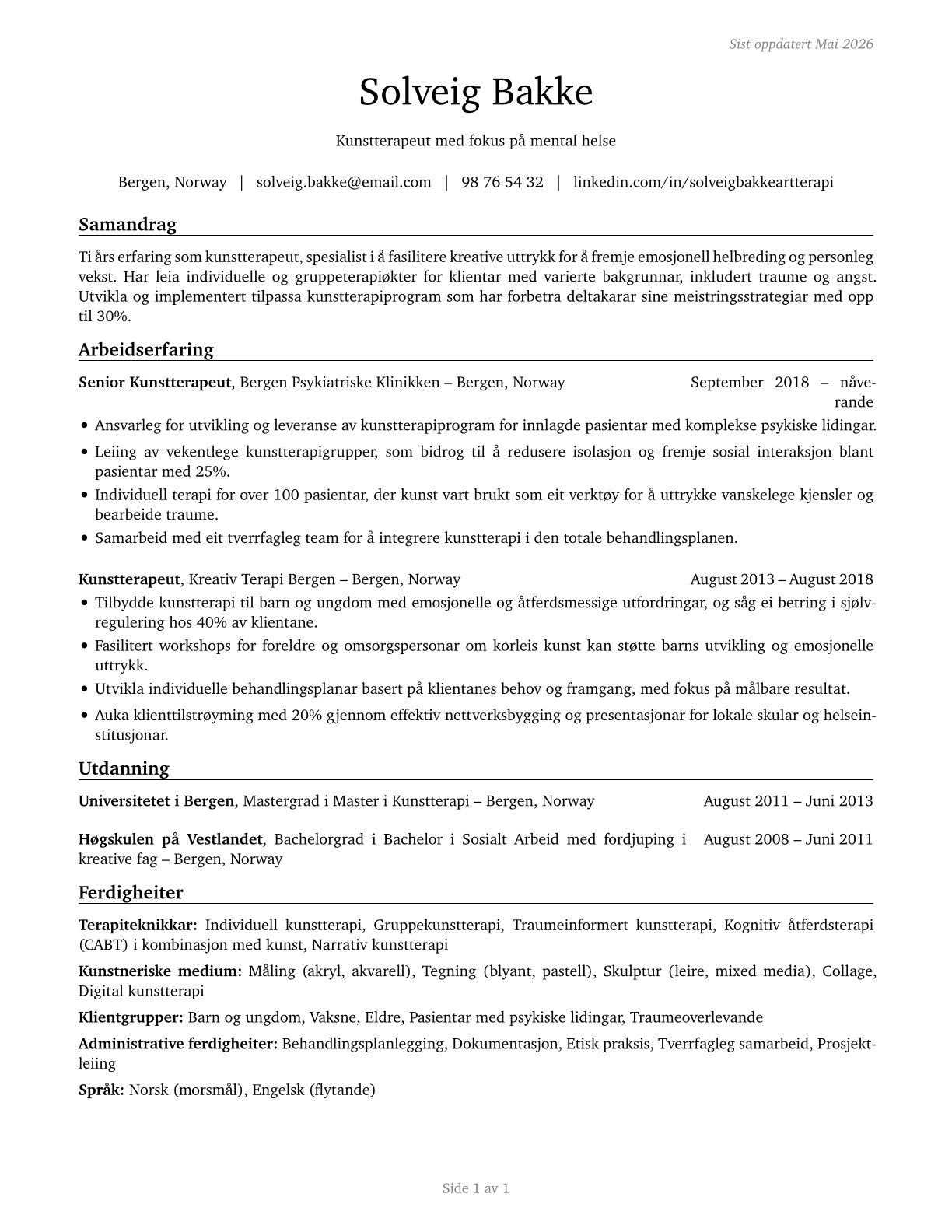 Art Therapists CV in Norwegian_nynorsk — page 1