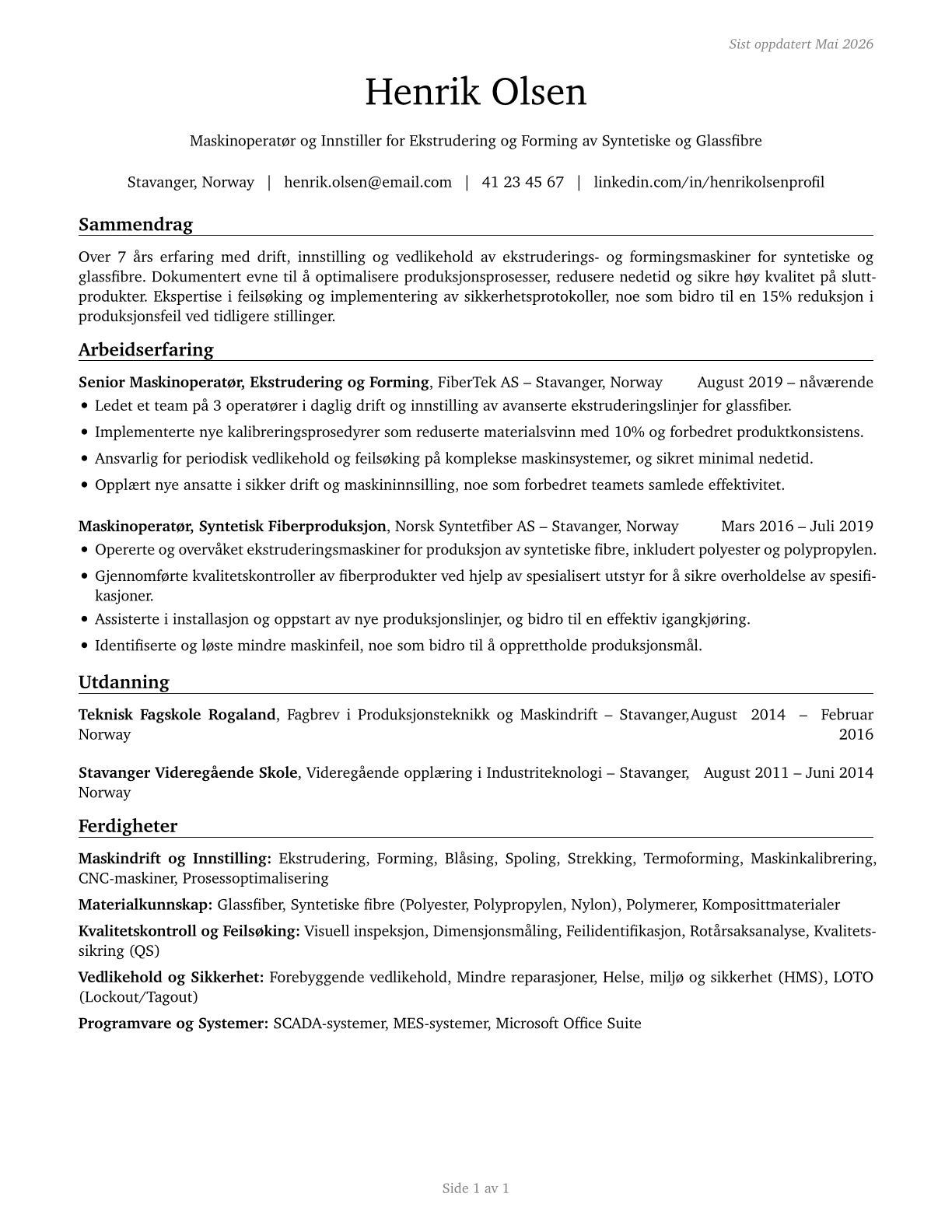 Extruding and Forming Machine Setters, Operators, and Tenders, Synthetic and Glass Fibers CV in Norwegian_bokmal — page 1
