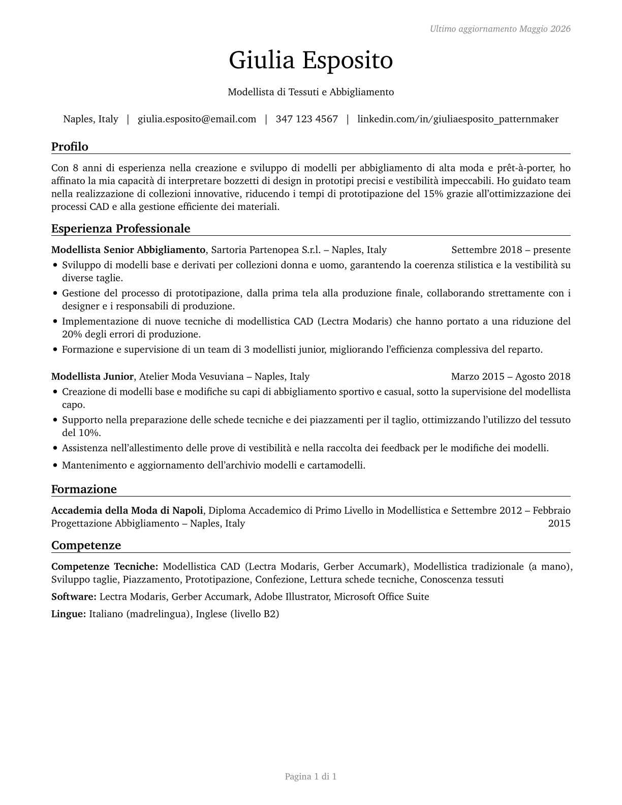 Fabric and Apparel Patternmakers CV in Italian — page 1