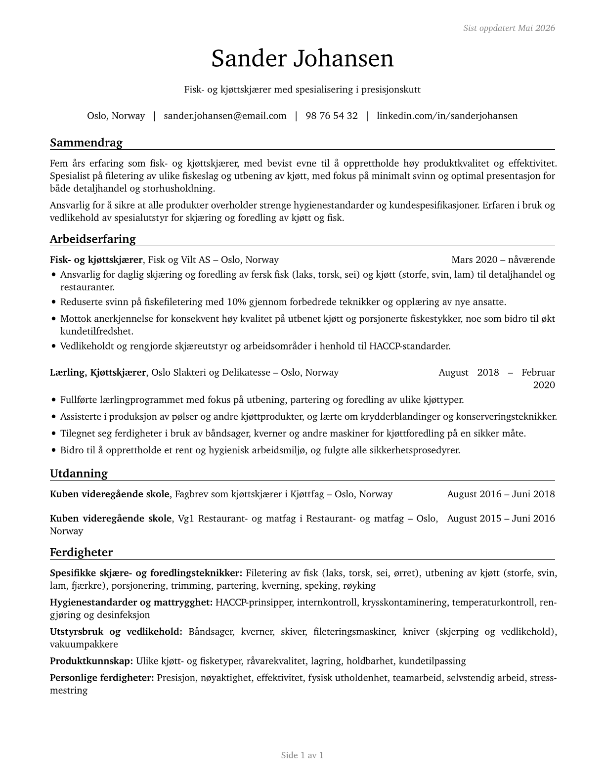 Meat, Poultry, and Fish Cutters and Trimmers CV in Norwegian_bokmal — page 1