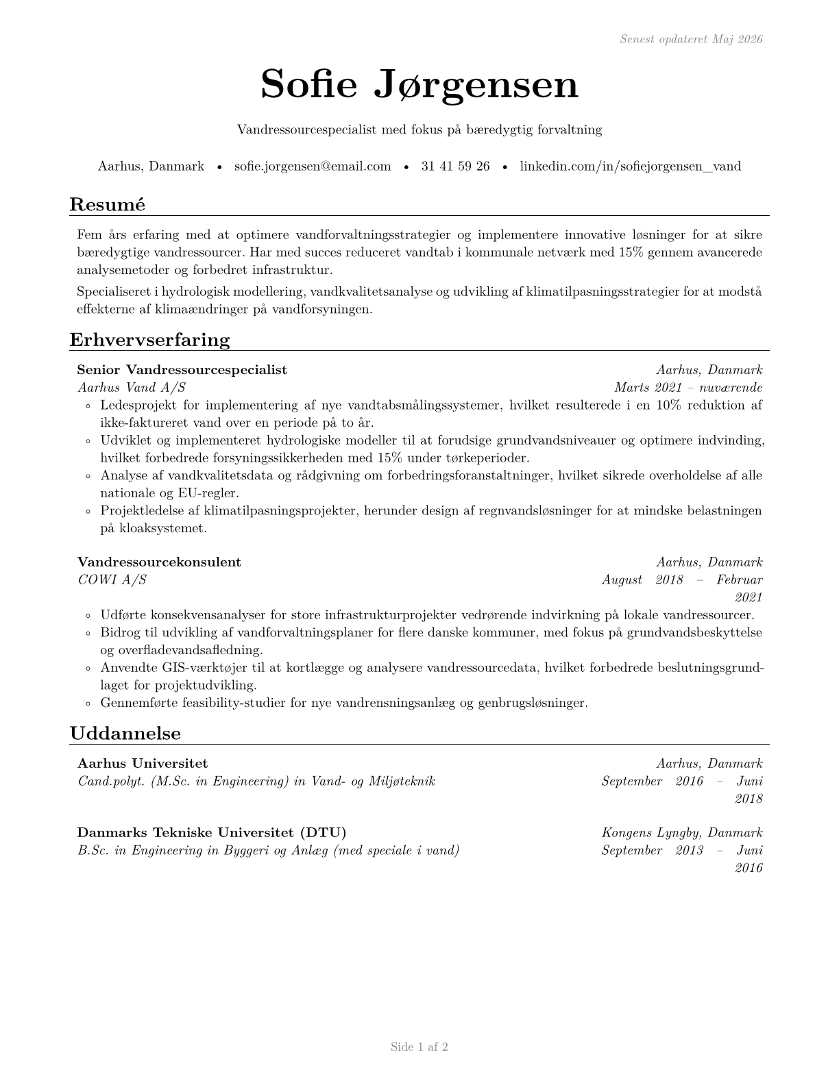 Water Resource Specialists CV in Danish — page 1