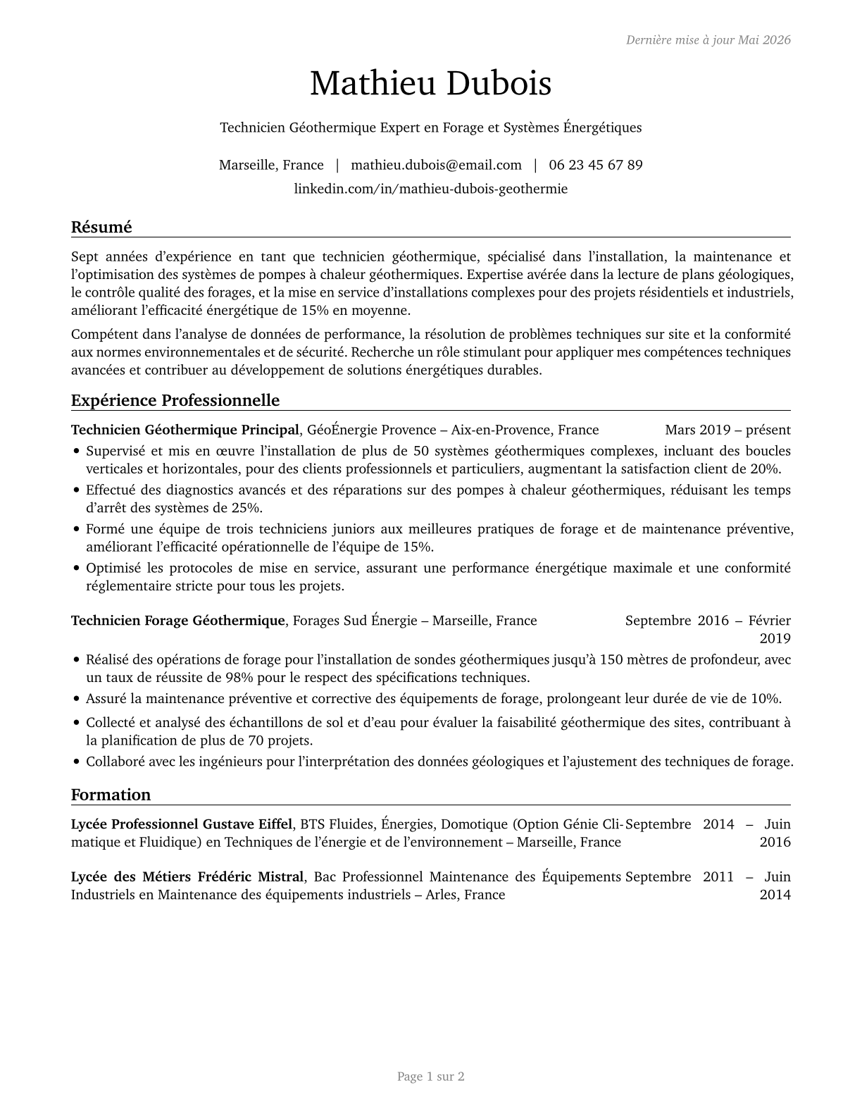 Geothermal Technicians CV in French — page 1