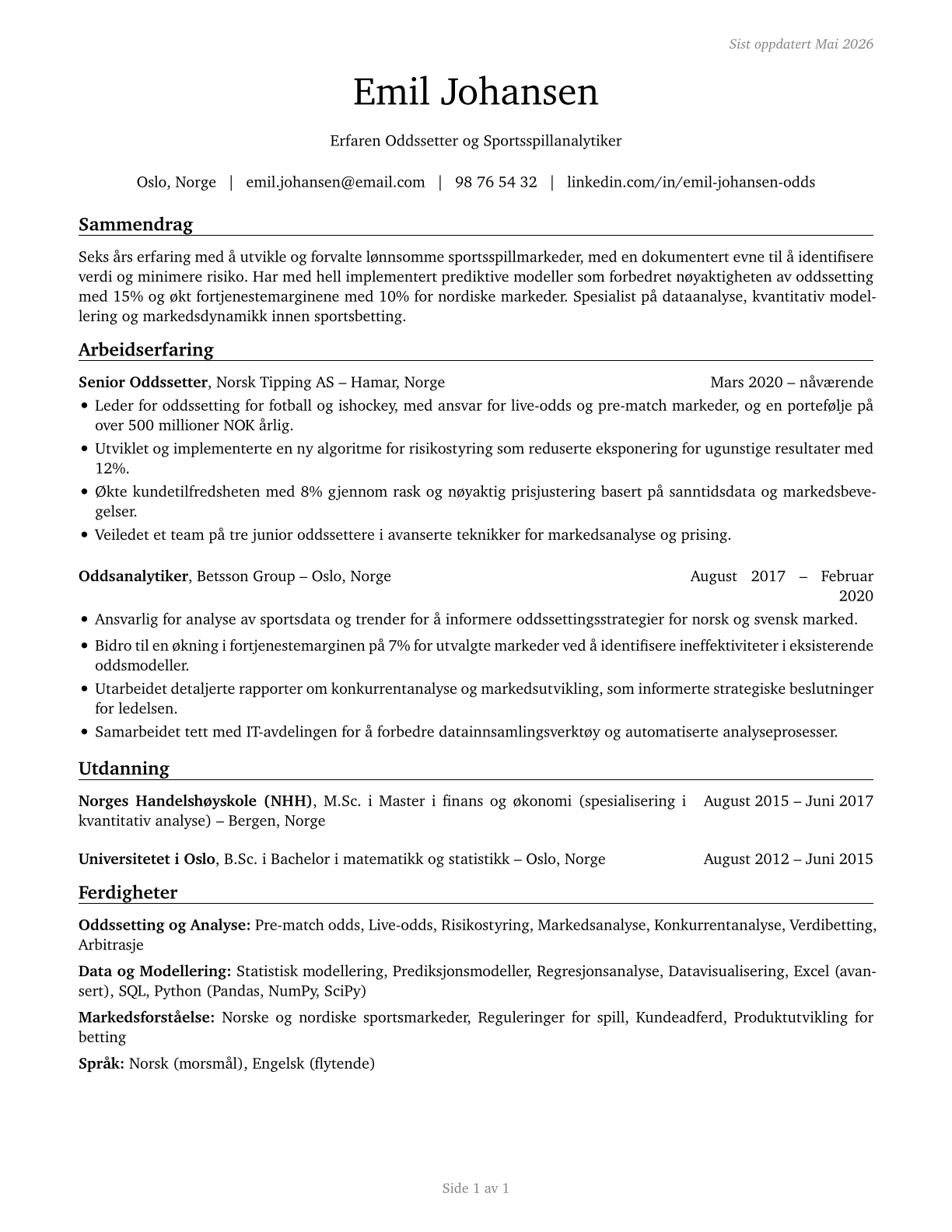 Gambling and Sports Book Writers and Runners CV in Norwegian_bokmal — page 1