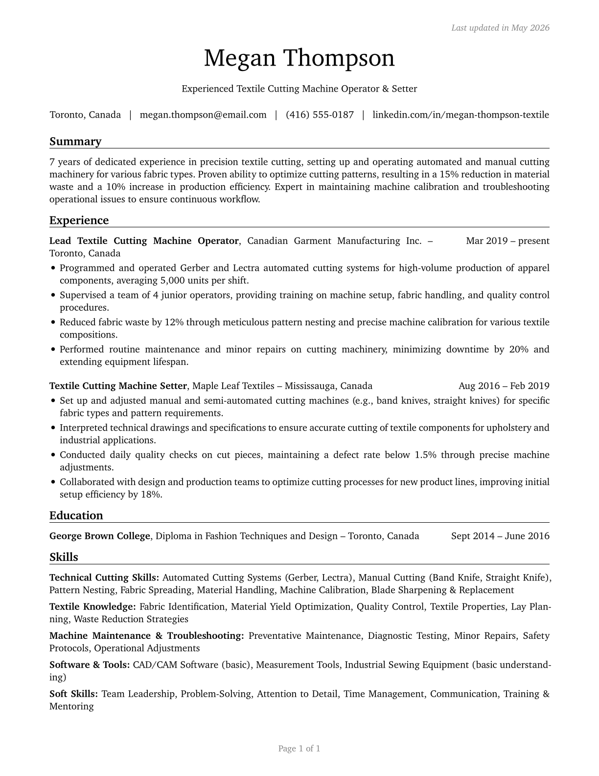 Textile Cutting Machine Setters, Operators, and Tenders CV in English — page 1