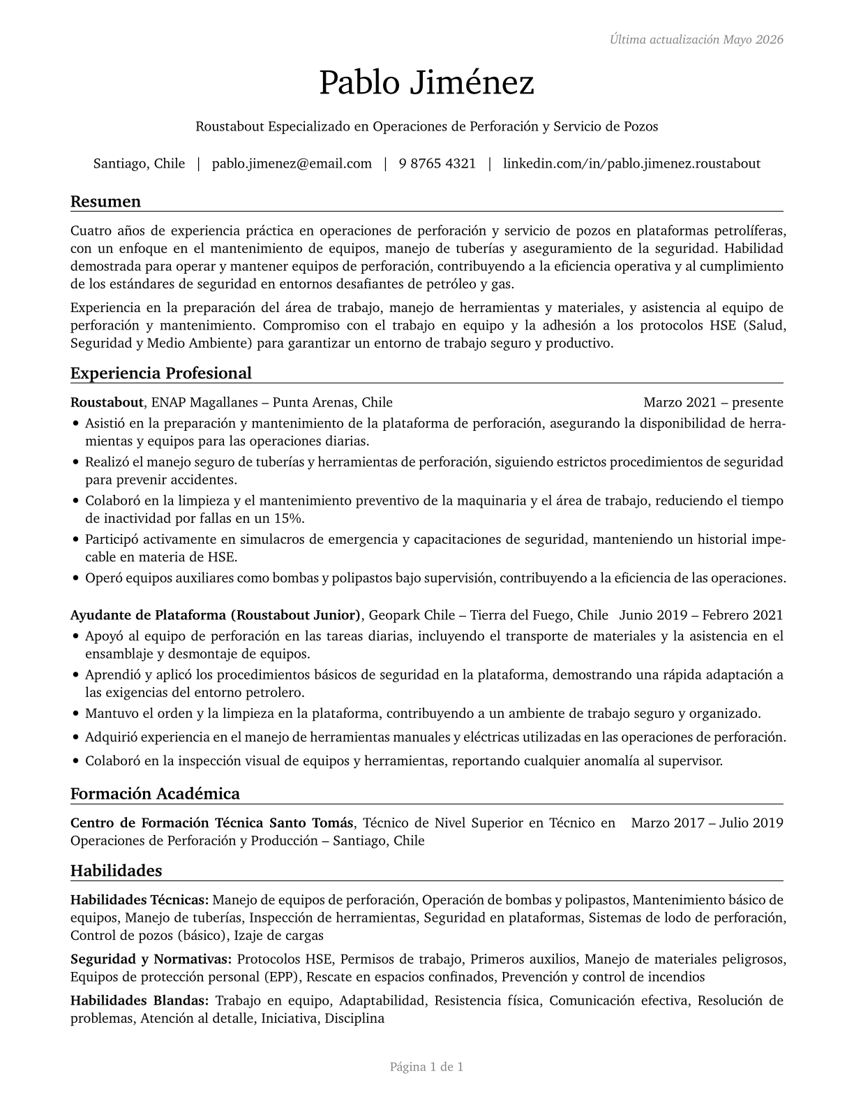 Roustabouts, Oil and Gas CV in Spanish — page 1