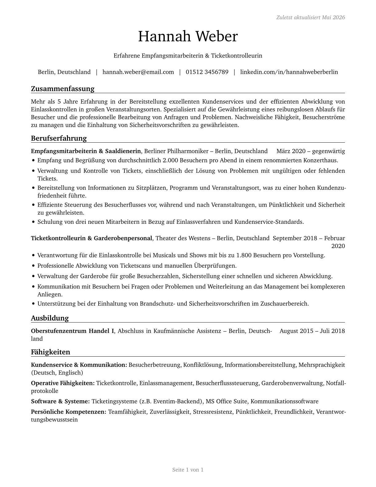 Ushers, Lobby Attendants, and Ticket Takers CV in German — page 1