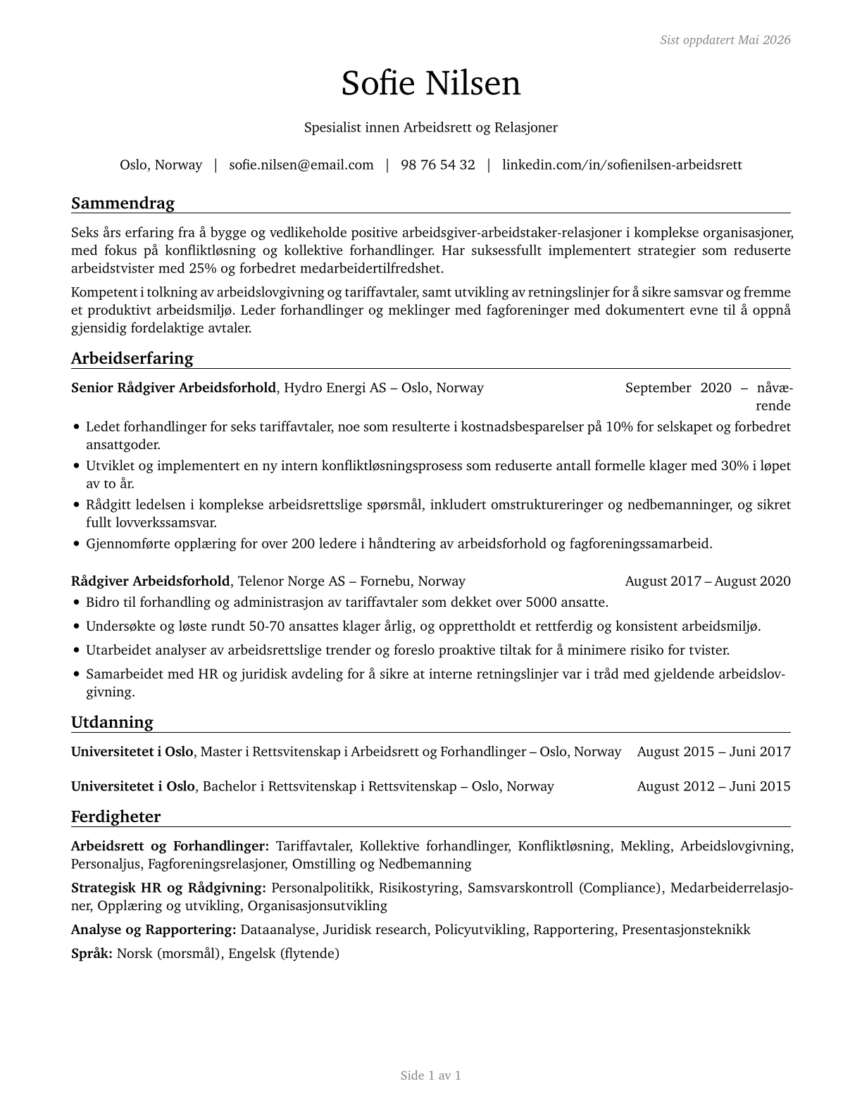 Labor Relations Specialists CV in Norwegian_bokmal — page 1