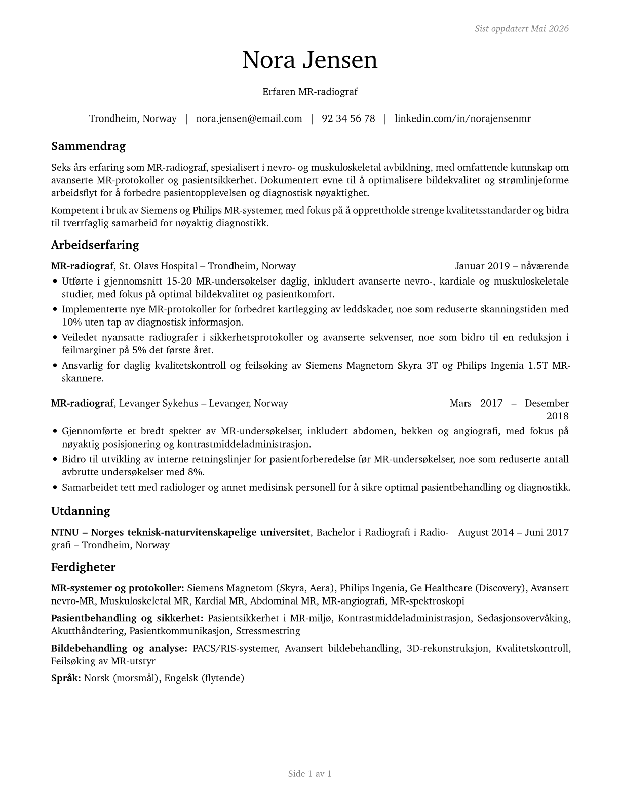 Magnetic Resonance Imaging Technologists CV in Norwegian_bokmal — page 1