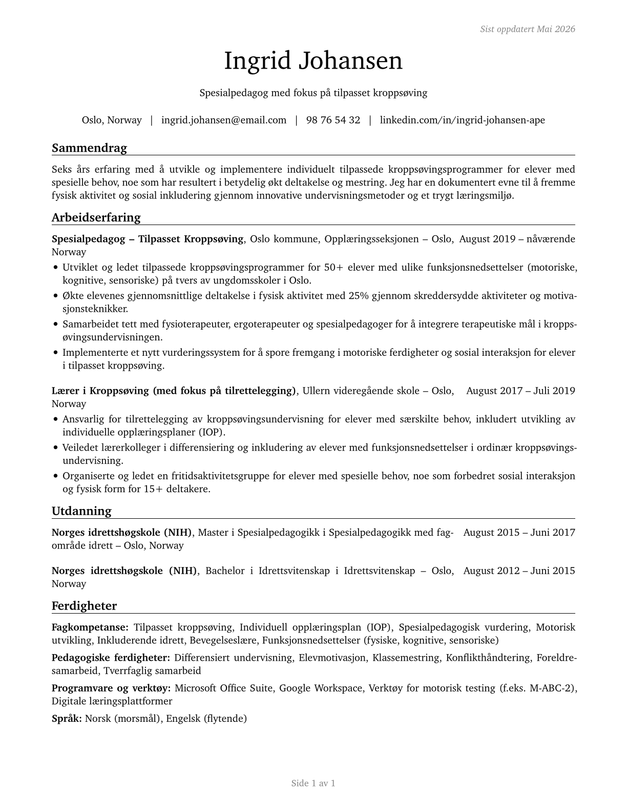 Adapted Physical Education Specialists CV in Norwegian_bokmal — page 1