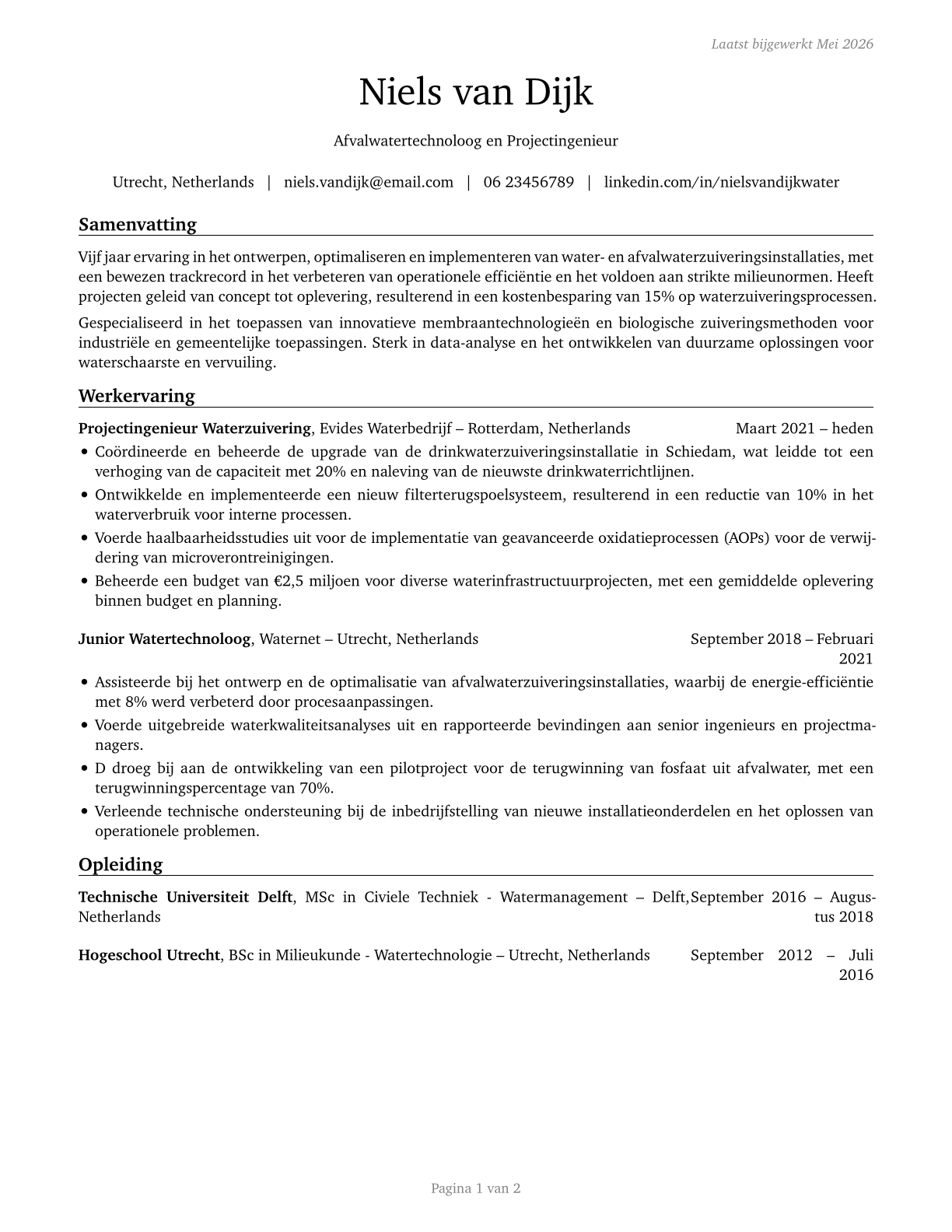 Water/Wastewater Engineers CV in Dutch — page 1