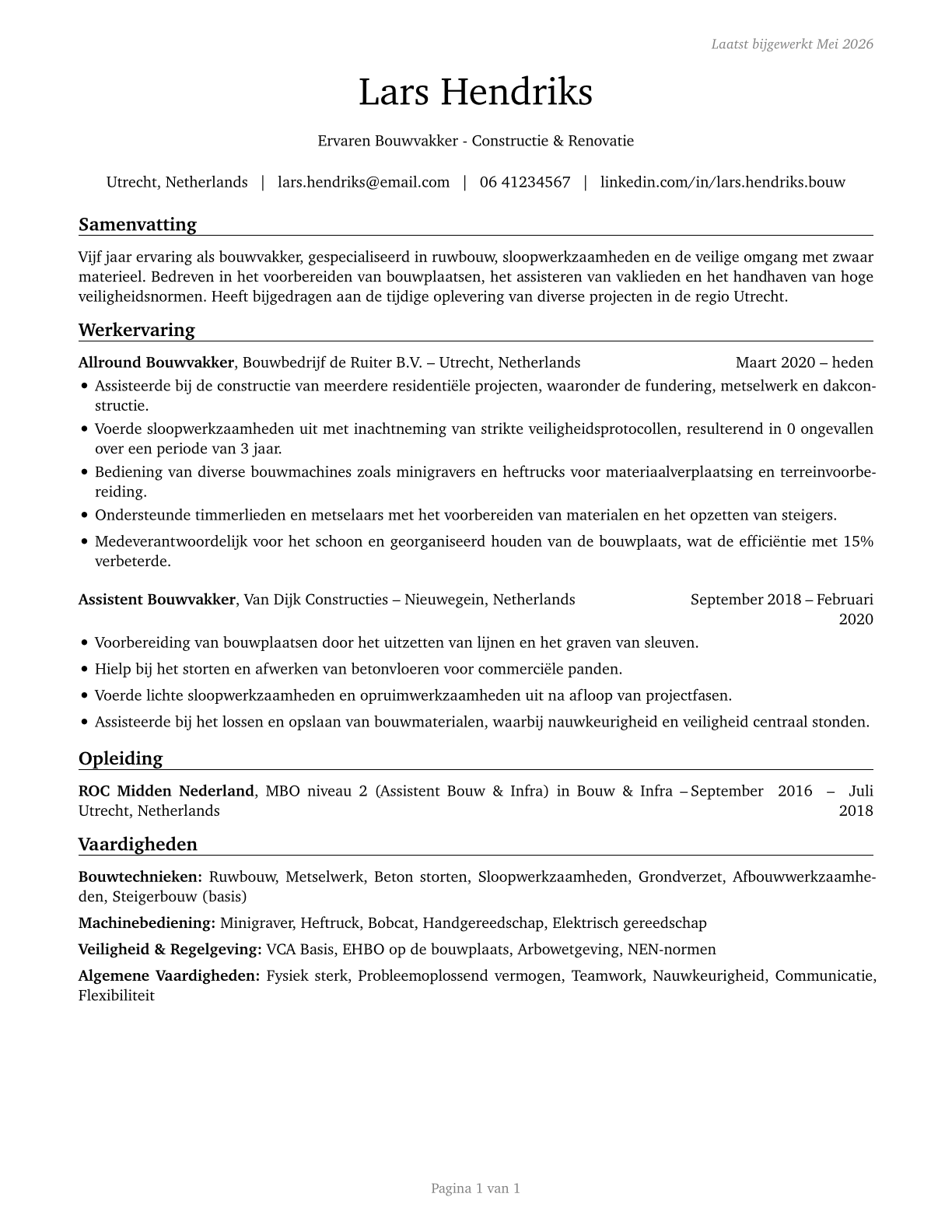 Construction Laborers CV in Dutch — page 1