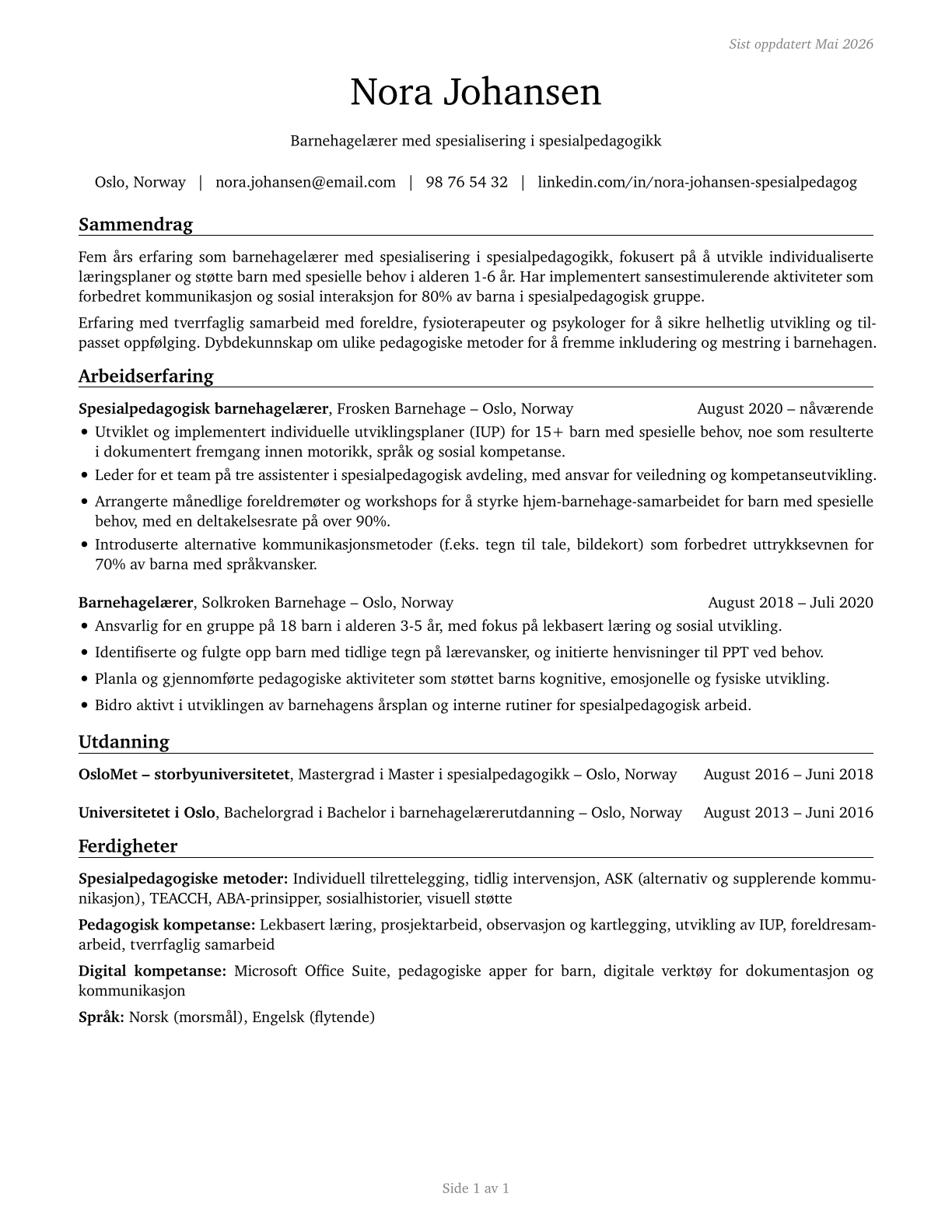 Special Education Teachers, Kindergarten CV in Norwegian_bokmal — page 1