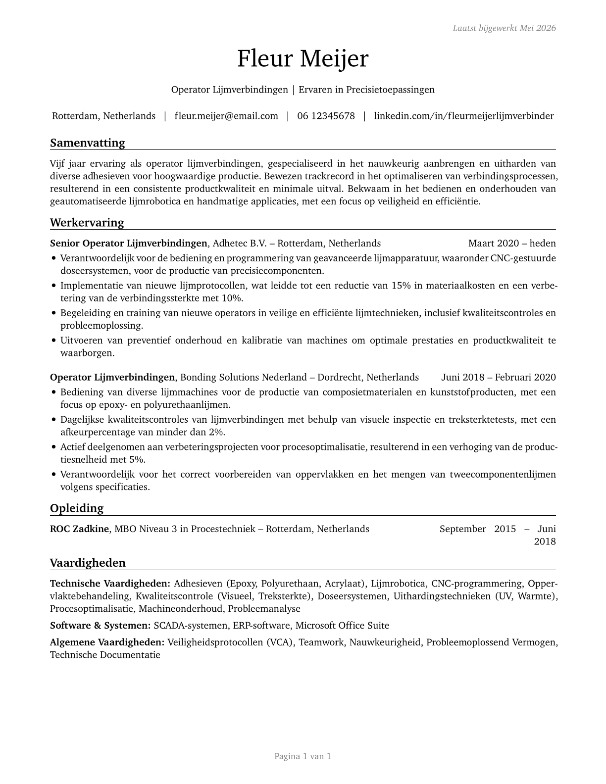 Adhesive Bonding Machine Operators and Tenders CV in Dutch — page 1