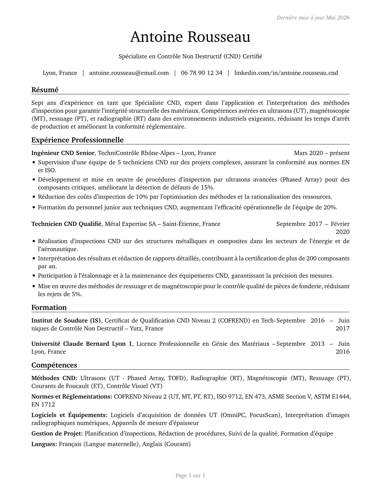 Non-Destructive Testing Specialists CV in French — page 1