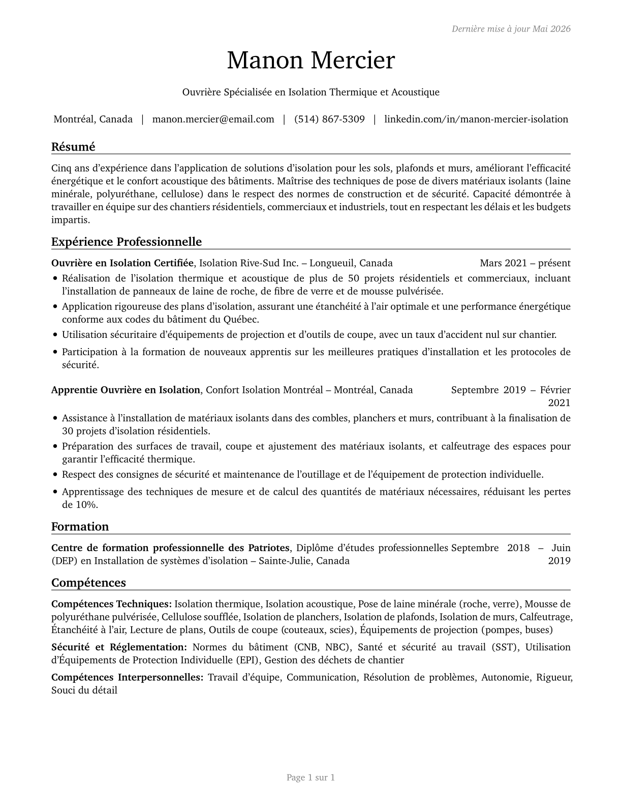 Insulation Workers, Floor, Ceiling, and Wall CV in French — page 1