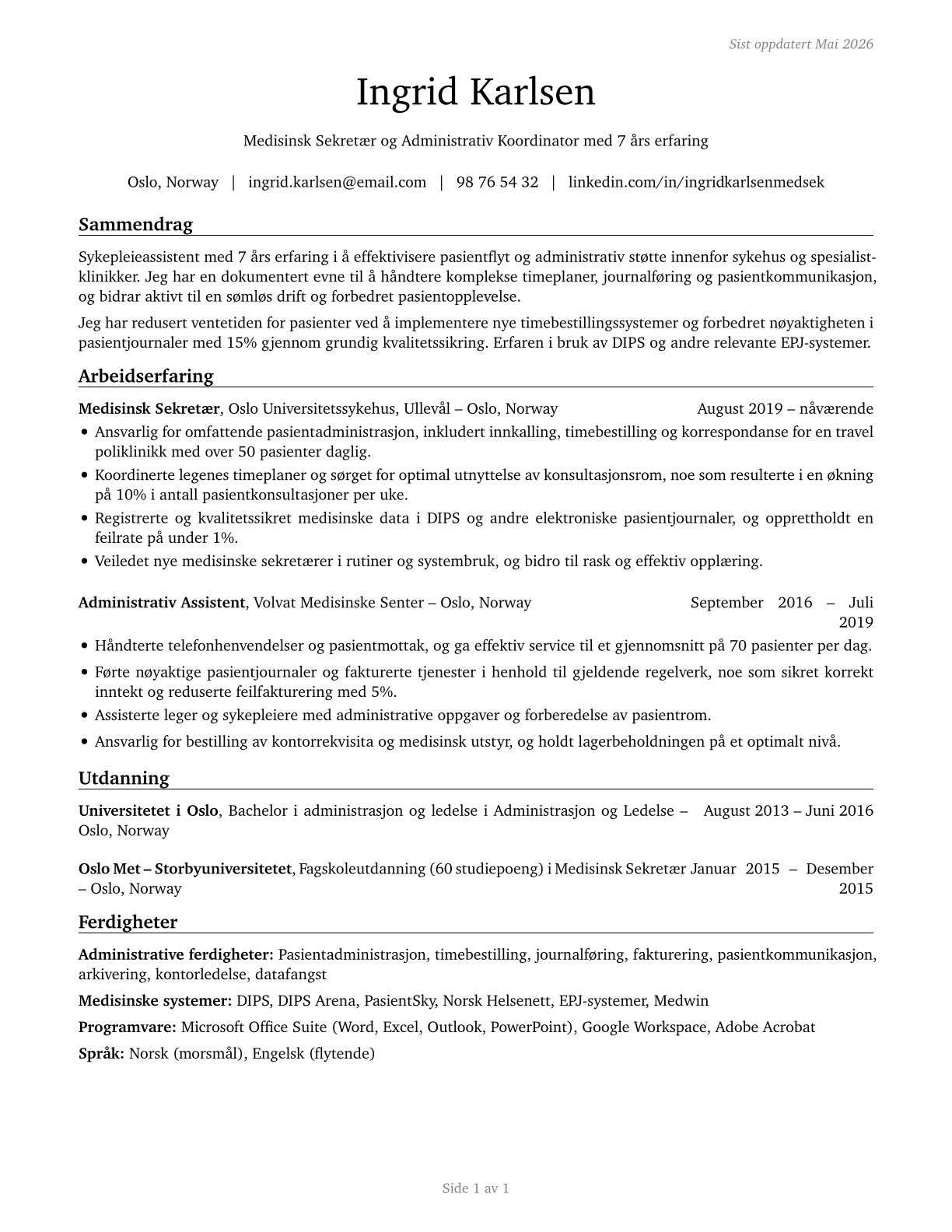 Medical Secretaries and Administrative Assistants CV in Norwegian_bokmal — page 1