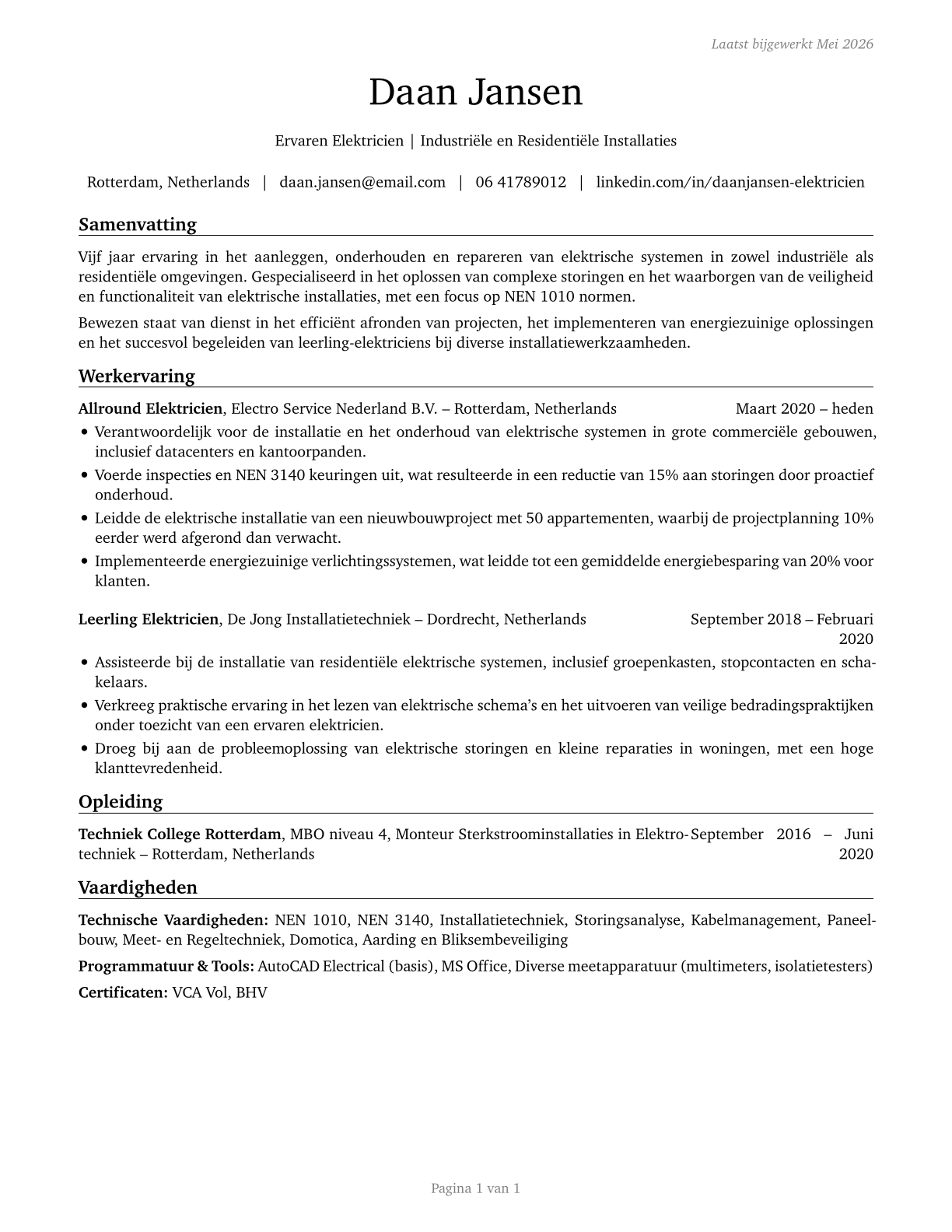 Electricians CV in Dutch — page 1