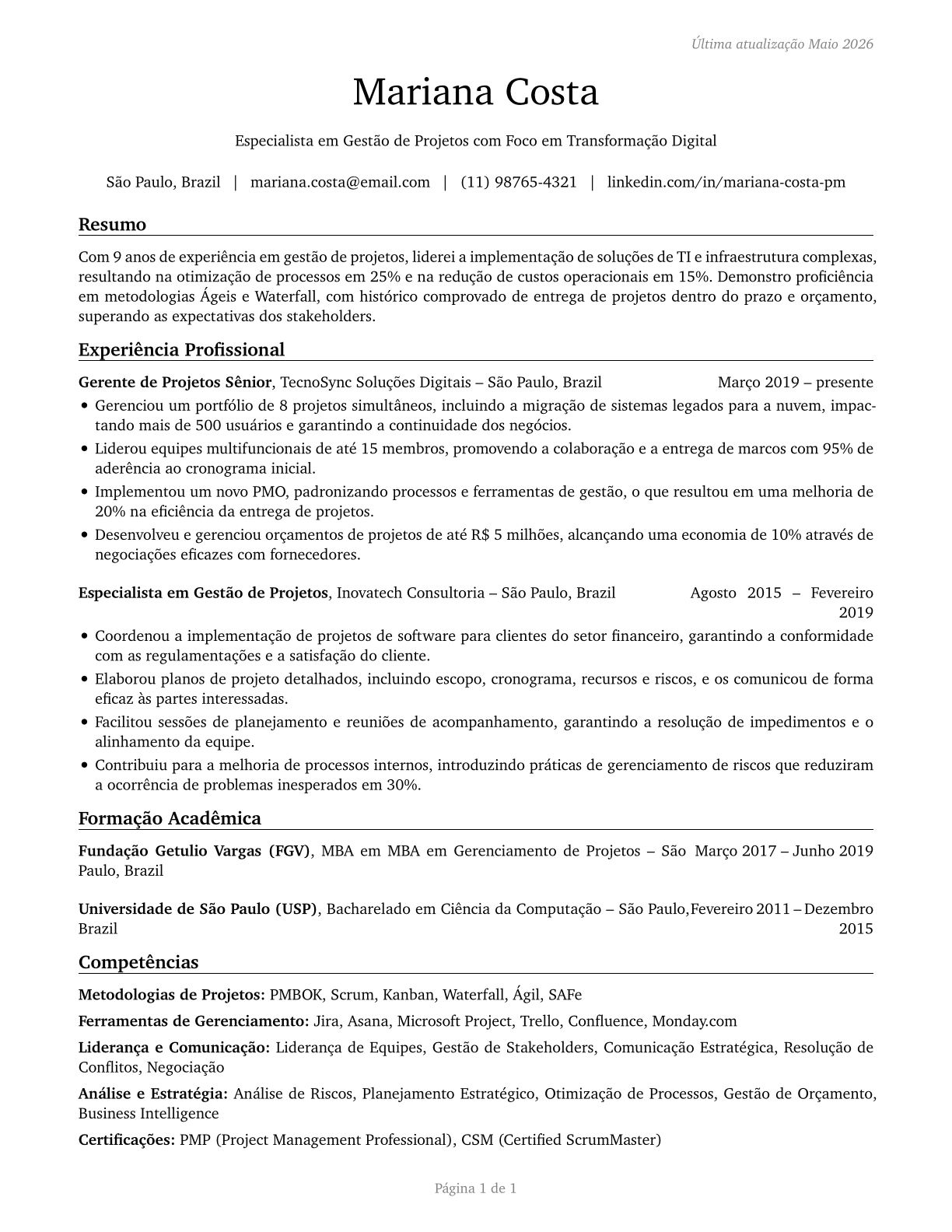 Project Management Specialists CV in Portuguese — page 1