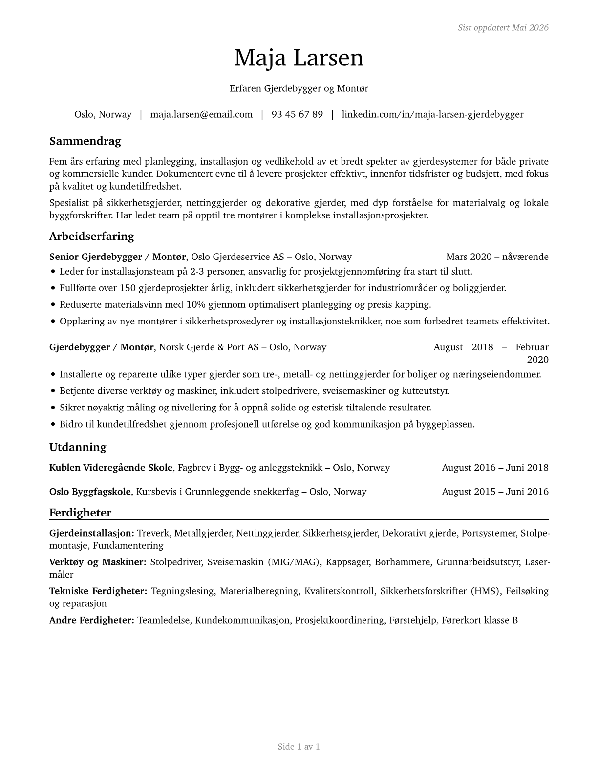 Fence Erectors CV in Norwegian_bokmal — page 1