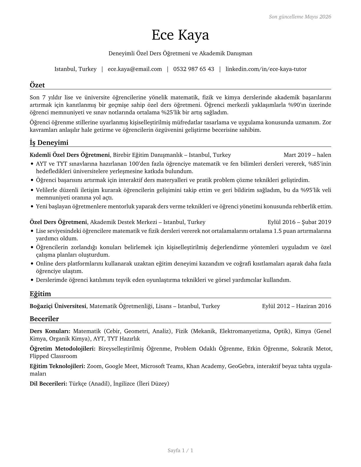 Tutors CV in Turkish — page 1