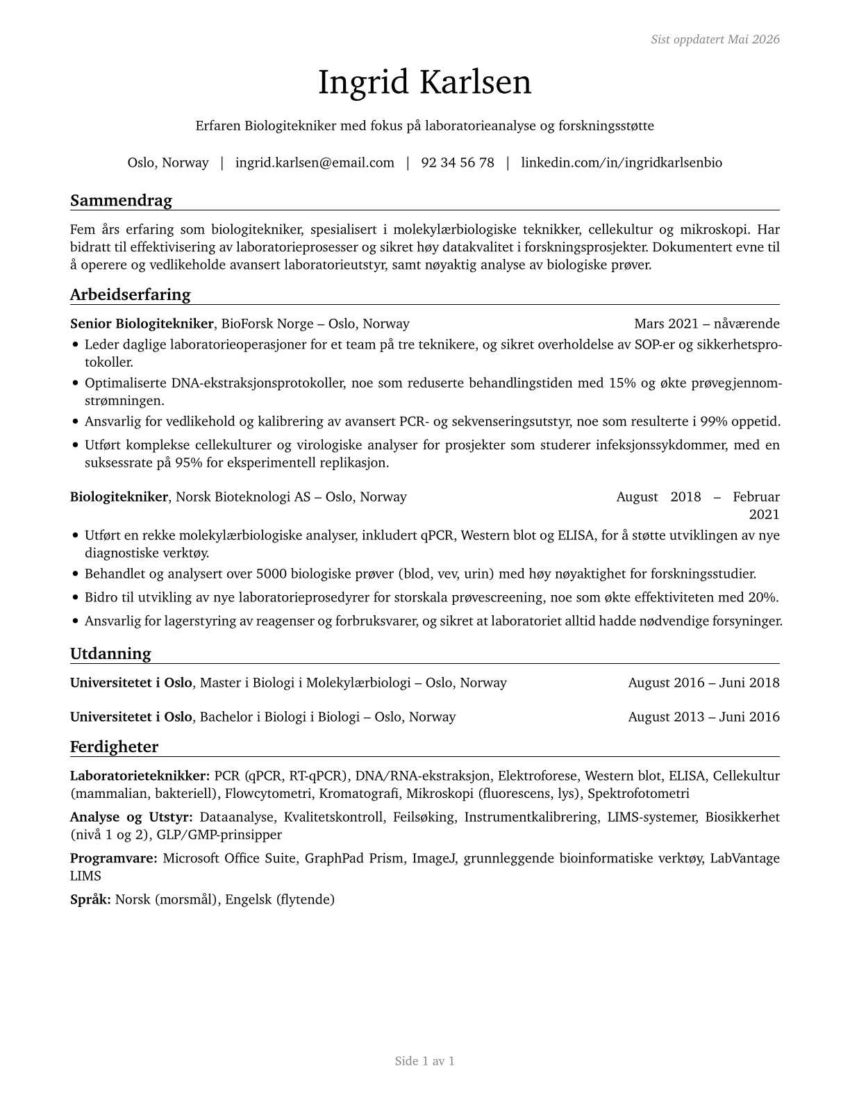 Biological Technicians CV in Norwegian_bokmal — page 1