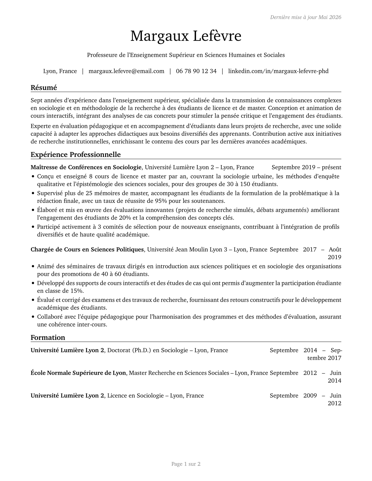 Postsecondary Teachers, All Other CV in French — page 1