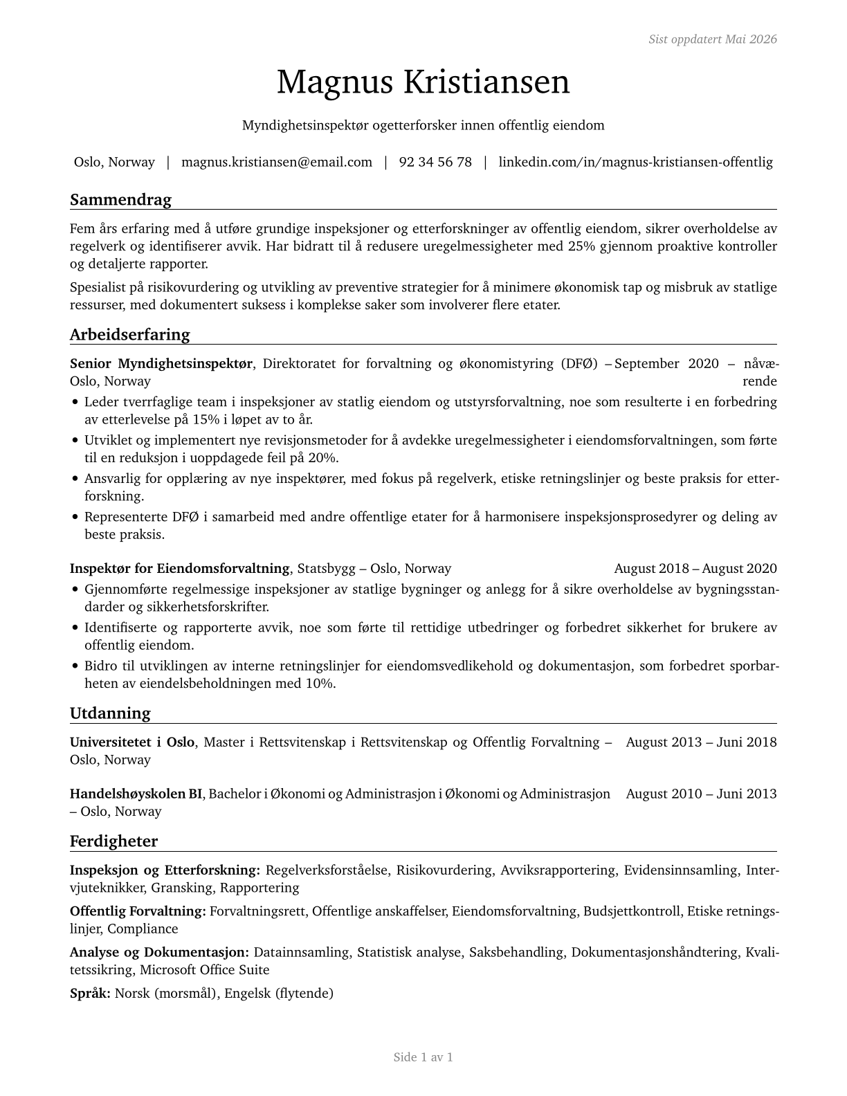 Government Property Inspectors and Investigators CV in Norwegian_bokmal — page 1