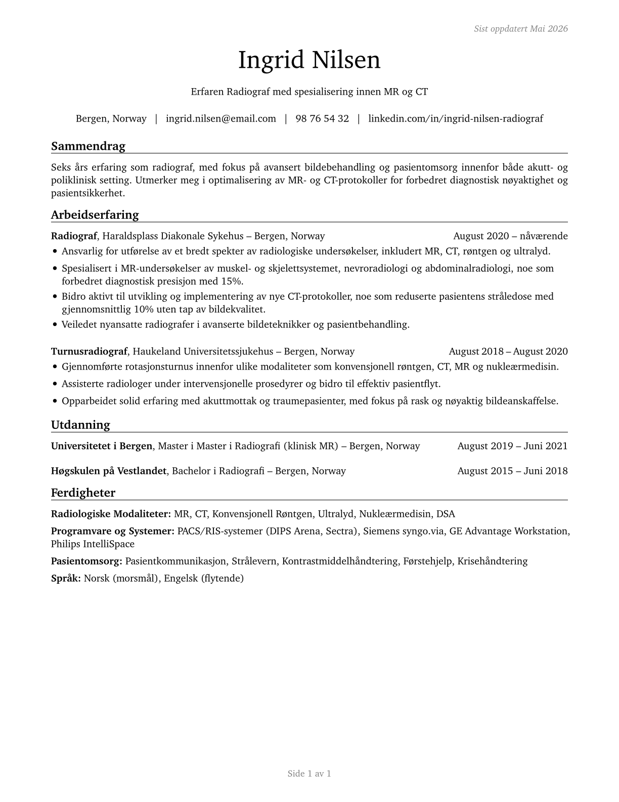 Radiologic Technologists and Technicians CV in Norwegian_bokmal — page 1