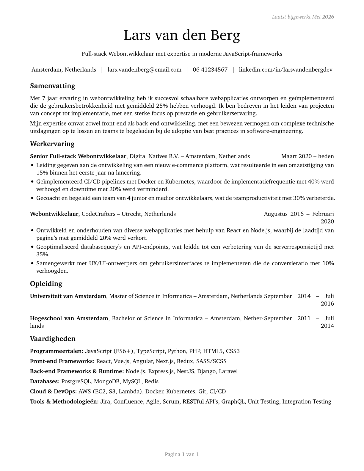 Web Developers CV in Dutch — page 1