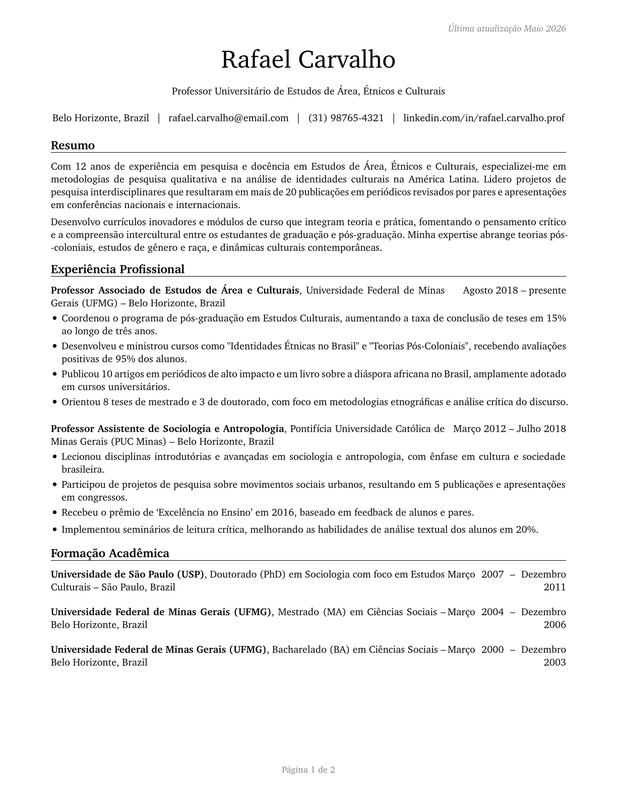 Area, Ethnic, and Cultural Studies Teachers, Postsecondary CV in Portuguese — page 1