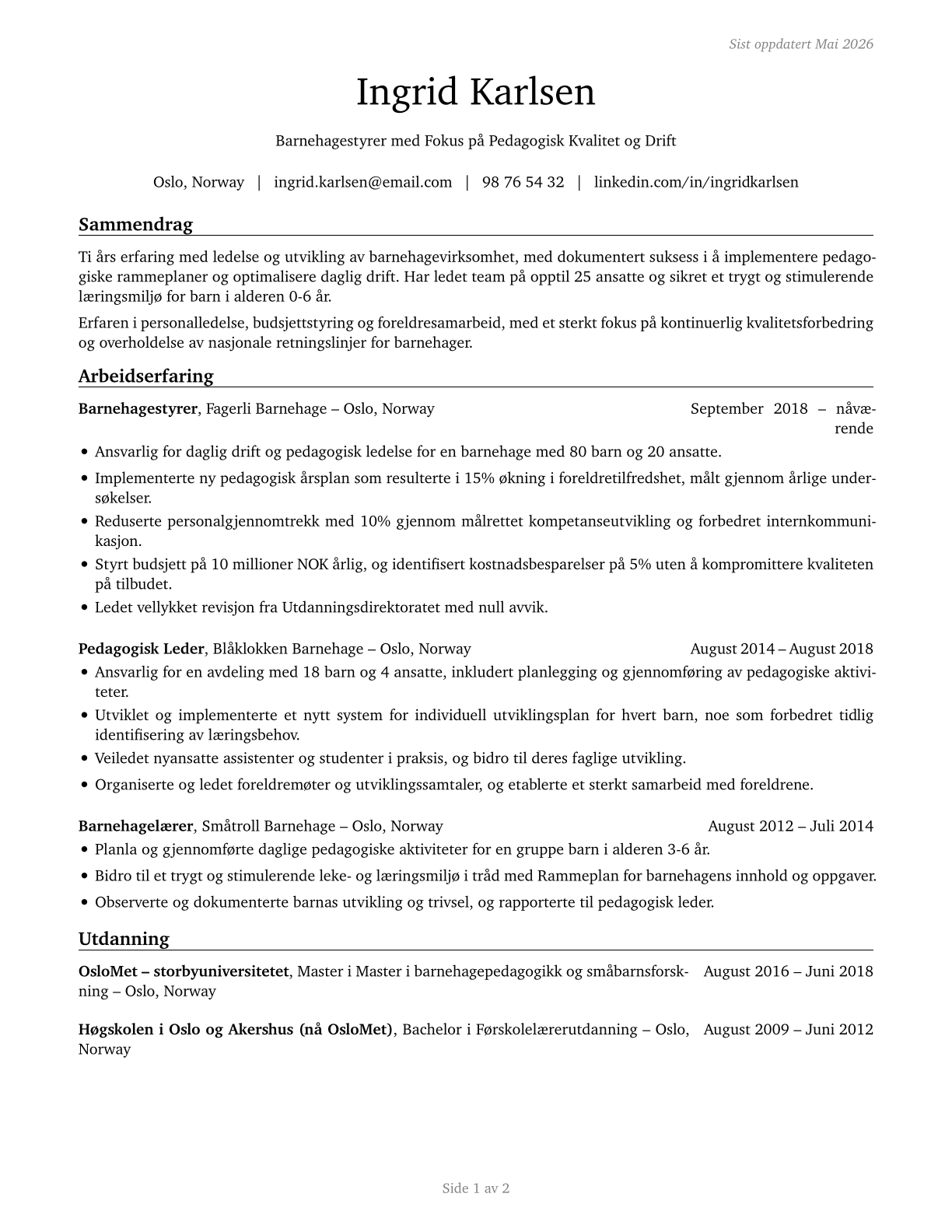 Education and Childcare Administrators, Preschool and Daycare CV in Norwegian_bokmal — page 1