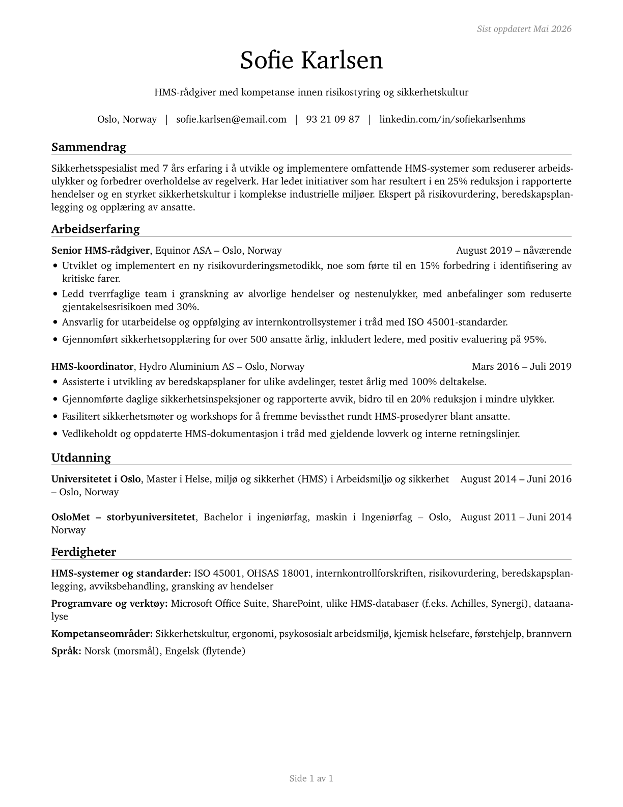 Occupational Health and Safety Specialists CV in Norwegian_bokmal — page 1