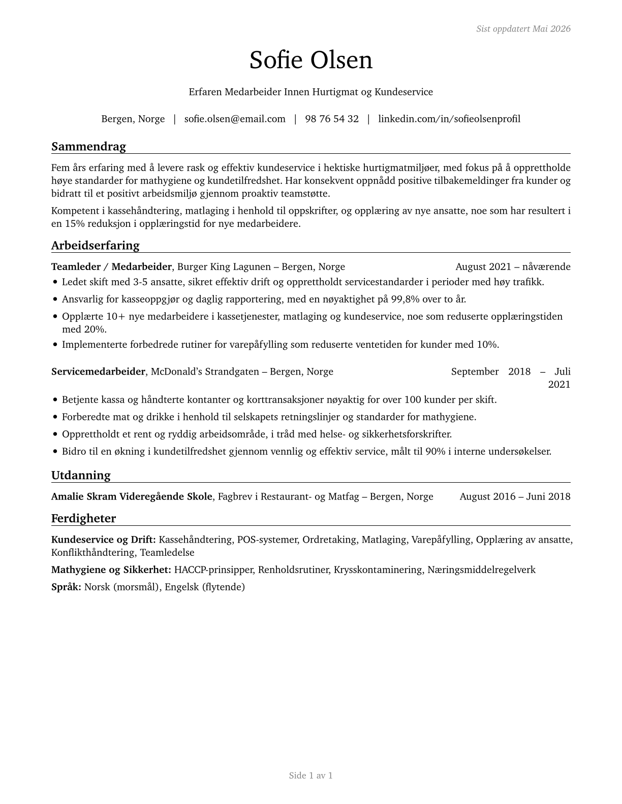 Fast Food and Counter Workers CV in Norwegian_bokmal — page 1