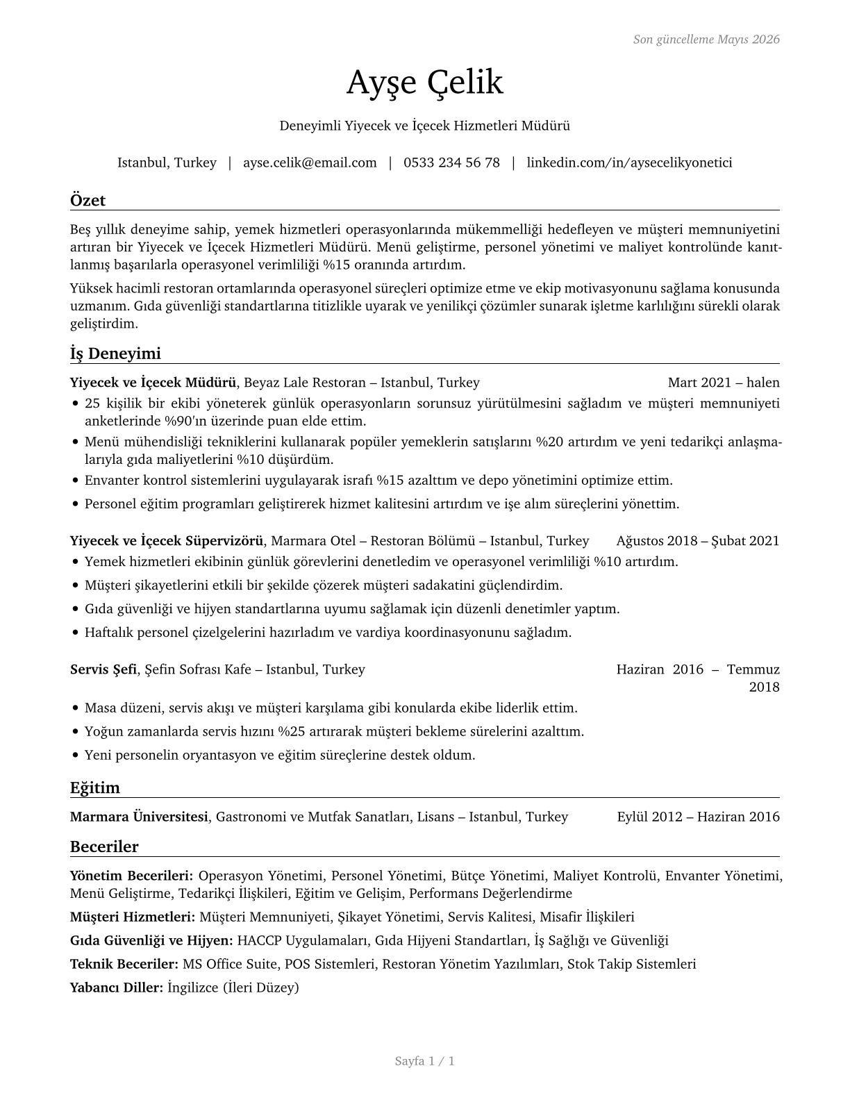 Food Service Managers CV in Turkish — page 1