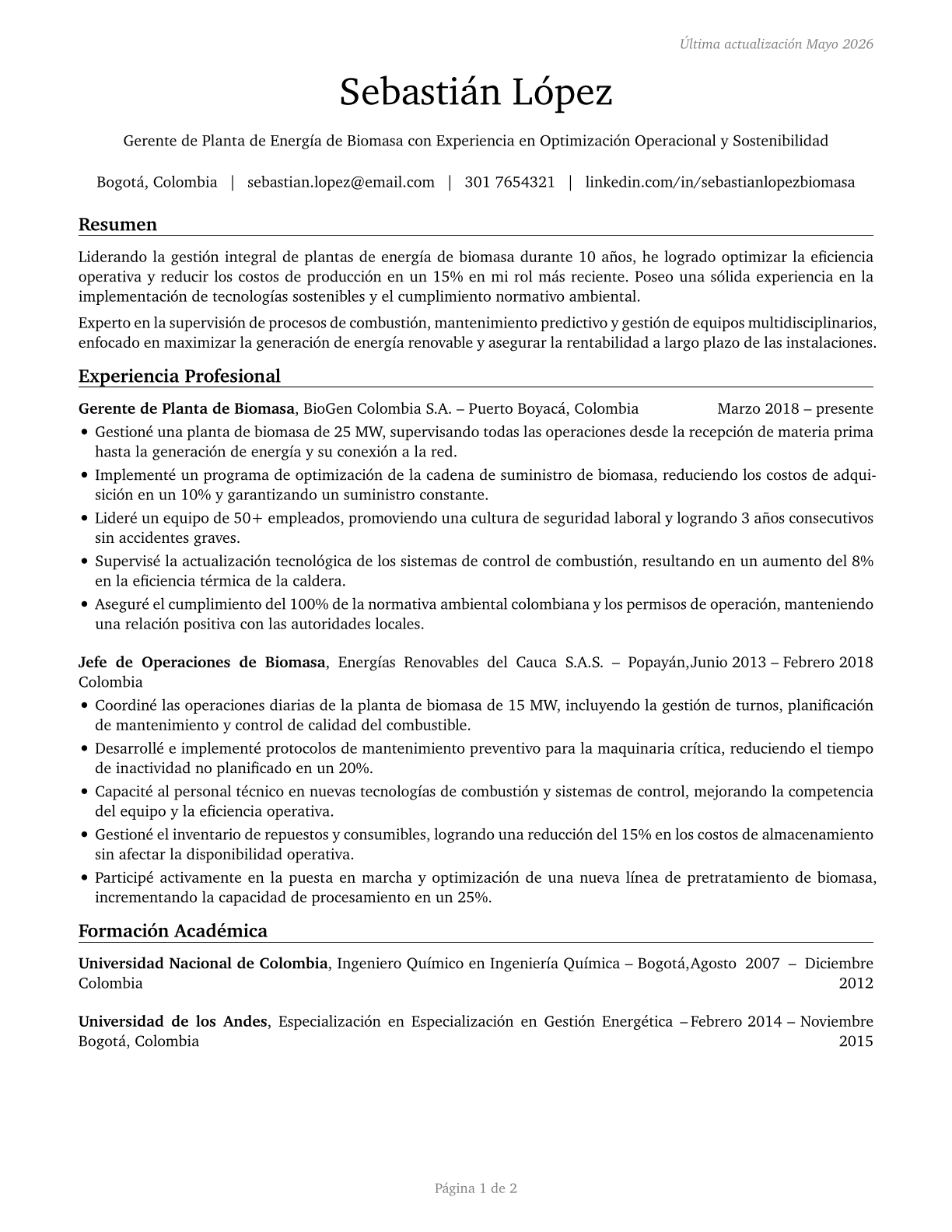 Biomass Power Plant Managers CV in Spanish — page 1