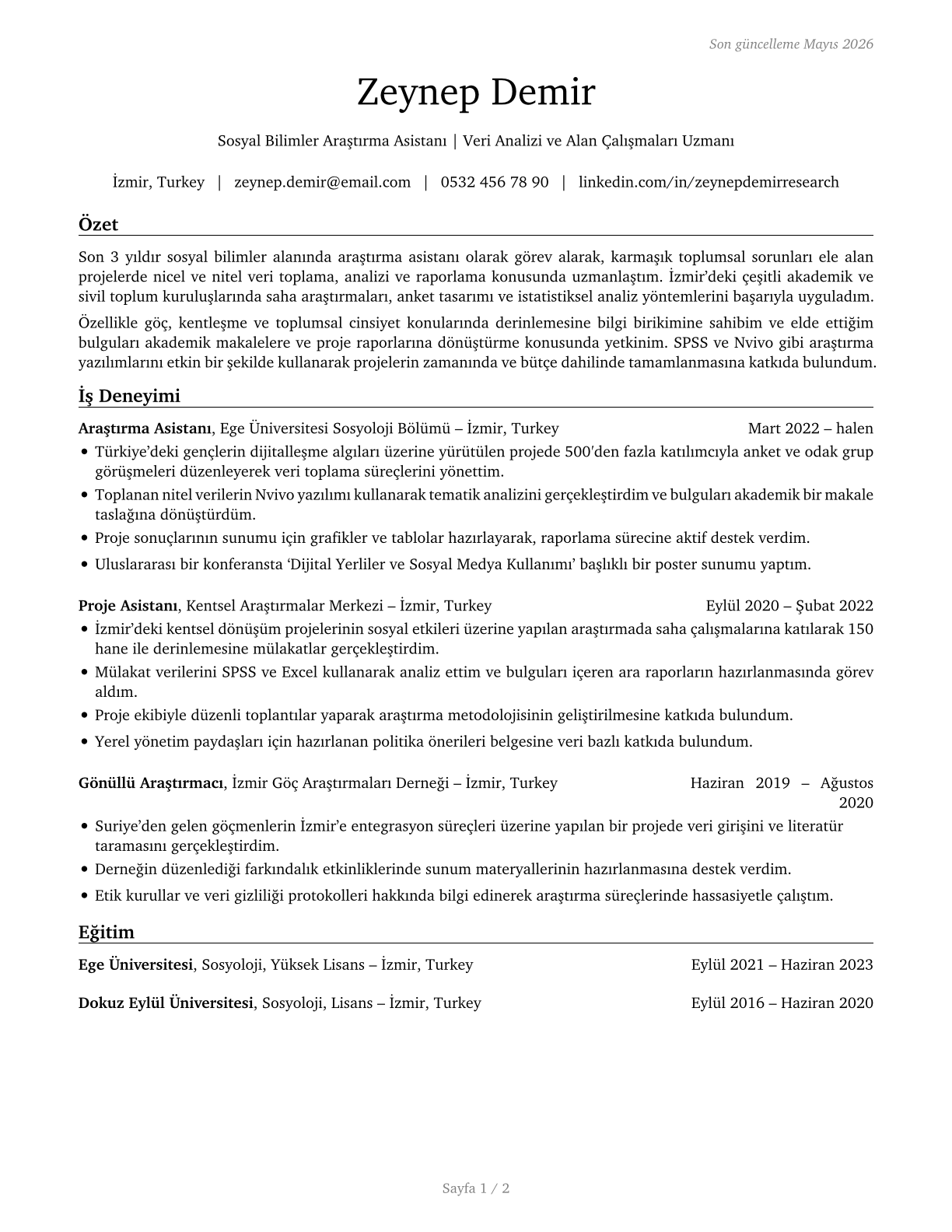Social Science Research Assistants CV in Turkish — page 1