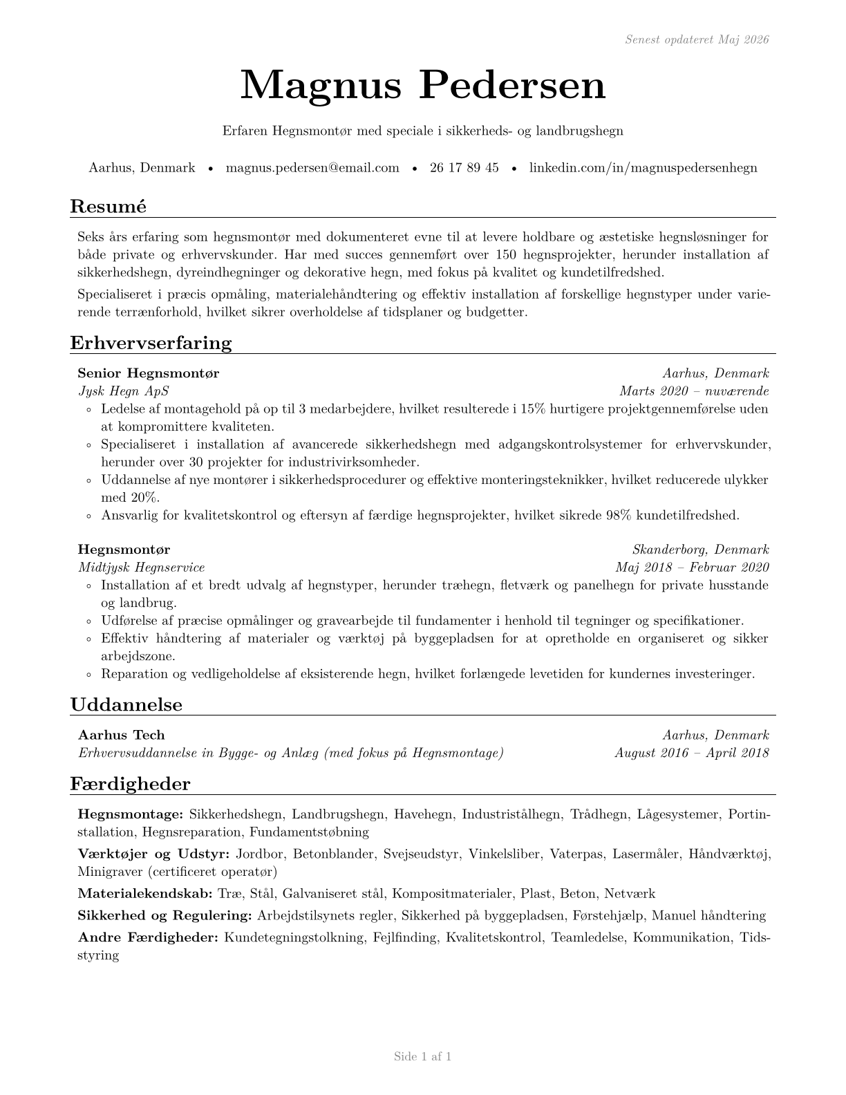 Fence Erectors CV in Danish — page 1