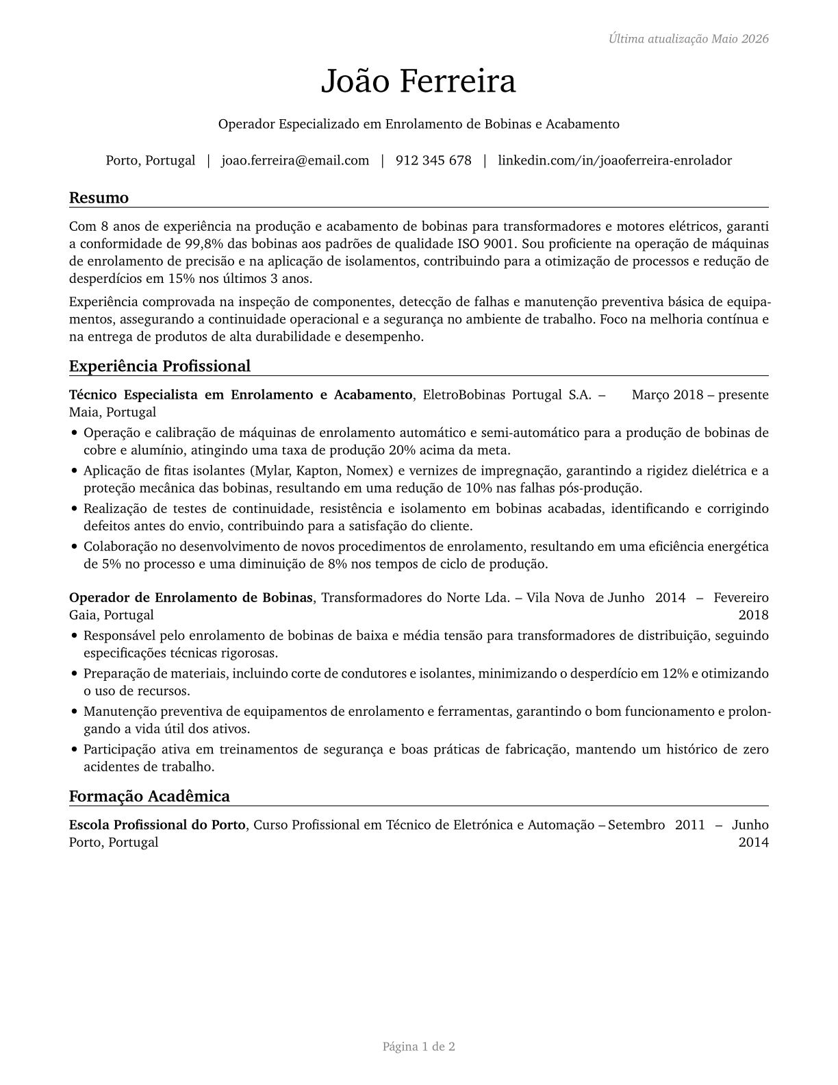 Coil Winders, Tapers, and Finishers CV in Portuguese — page 1
