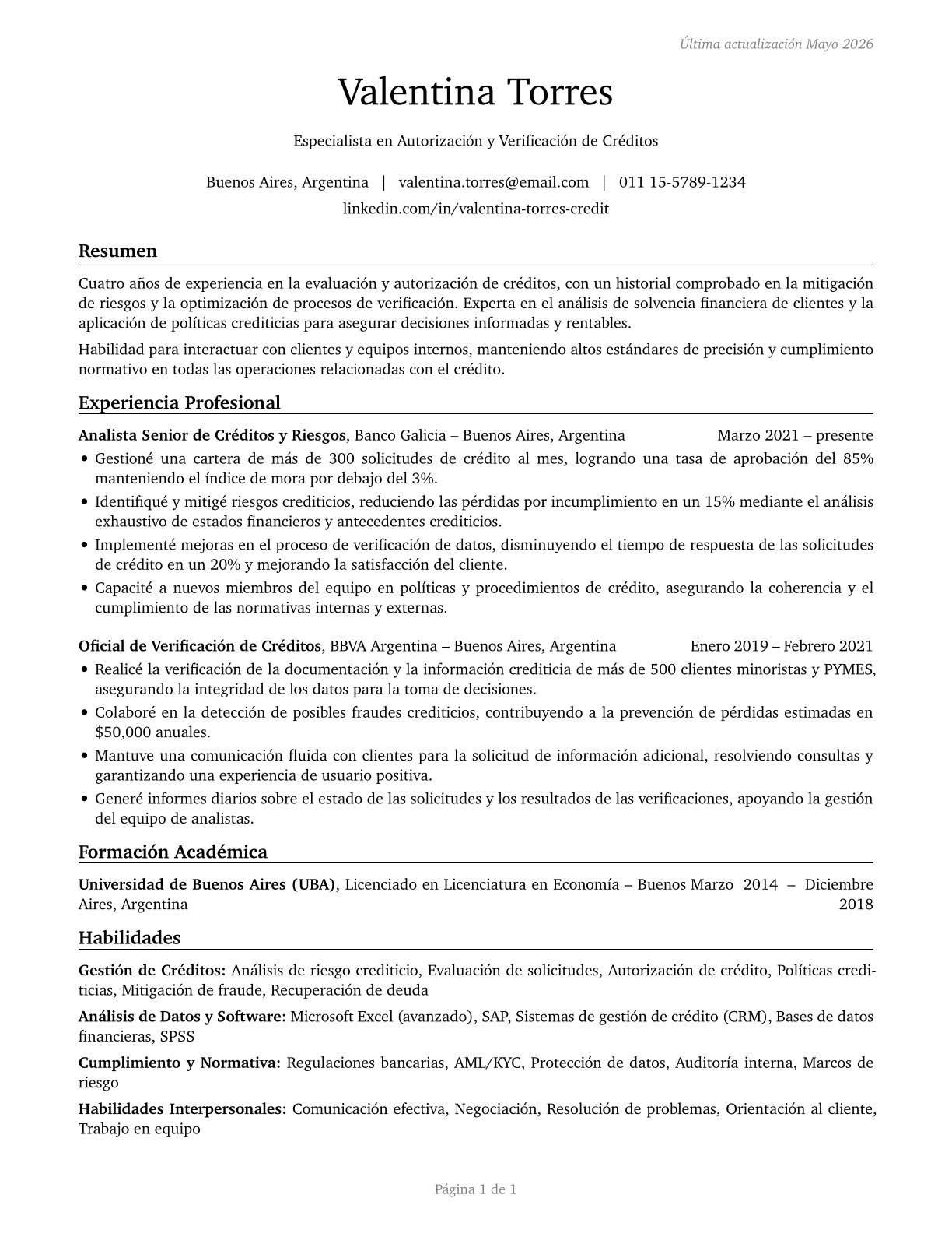 Credit Authorizers, Checkers, and Clerks CV in Spanish — page 1