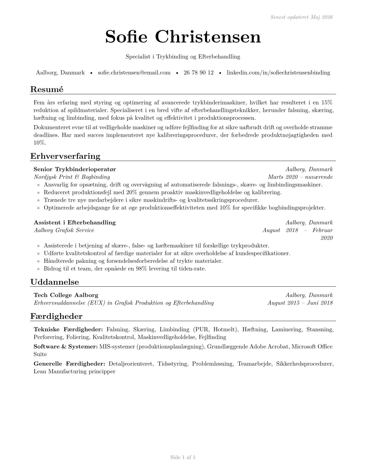Print Binding and Finishing Workers CV in Danish — page 1