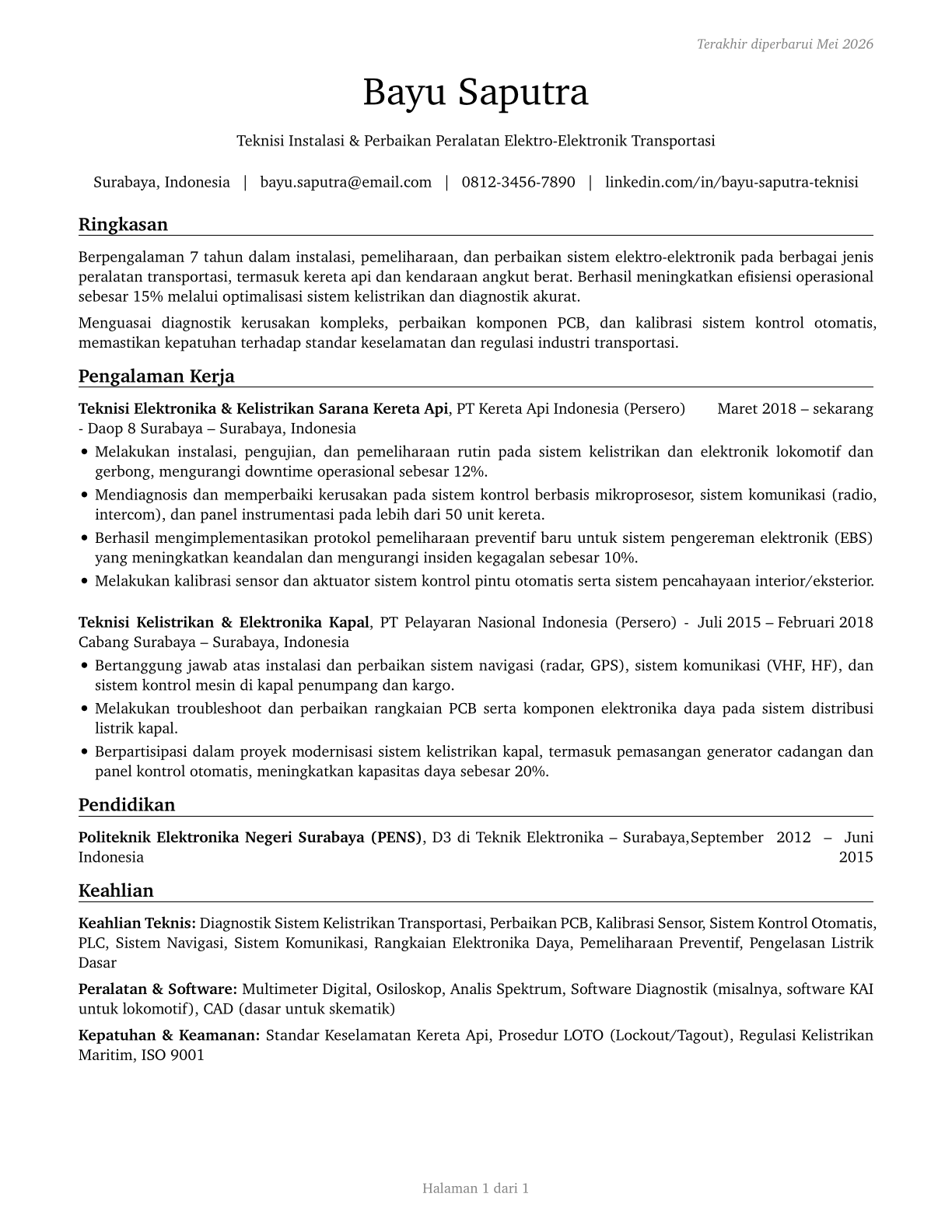 Electrical and Electronics Installers and Repairers, Transportation Equipment CV in Indonesian — page 1