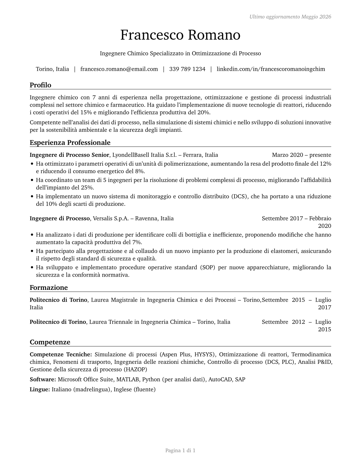 Chemical Engineers CV in Italian — page 1