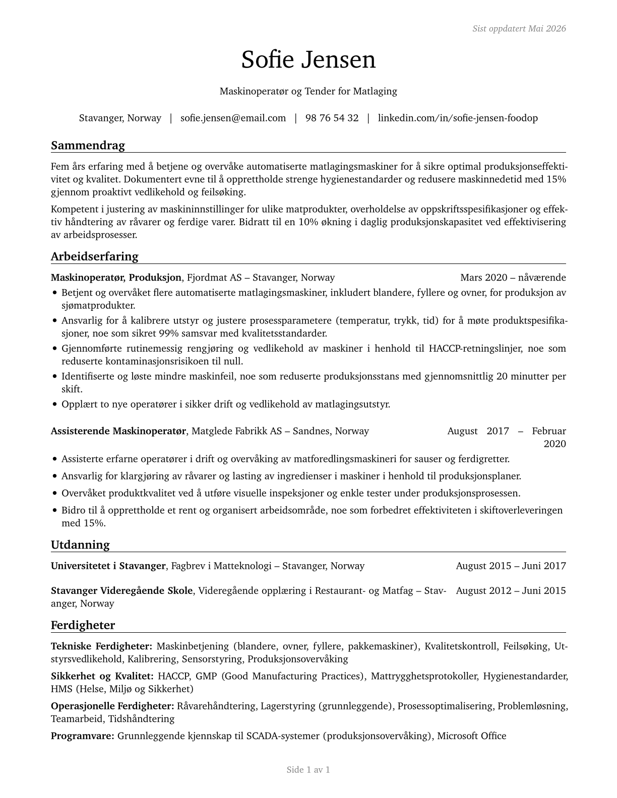 Food Cooking Machine Operators and Tenders CV in Norwegian_bokmal — page 1