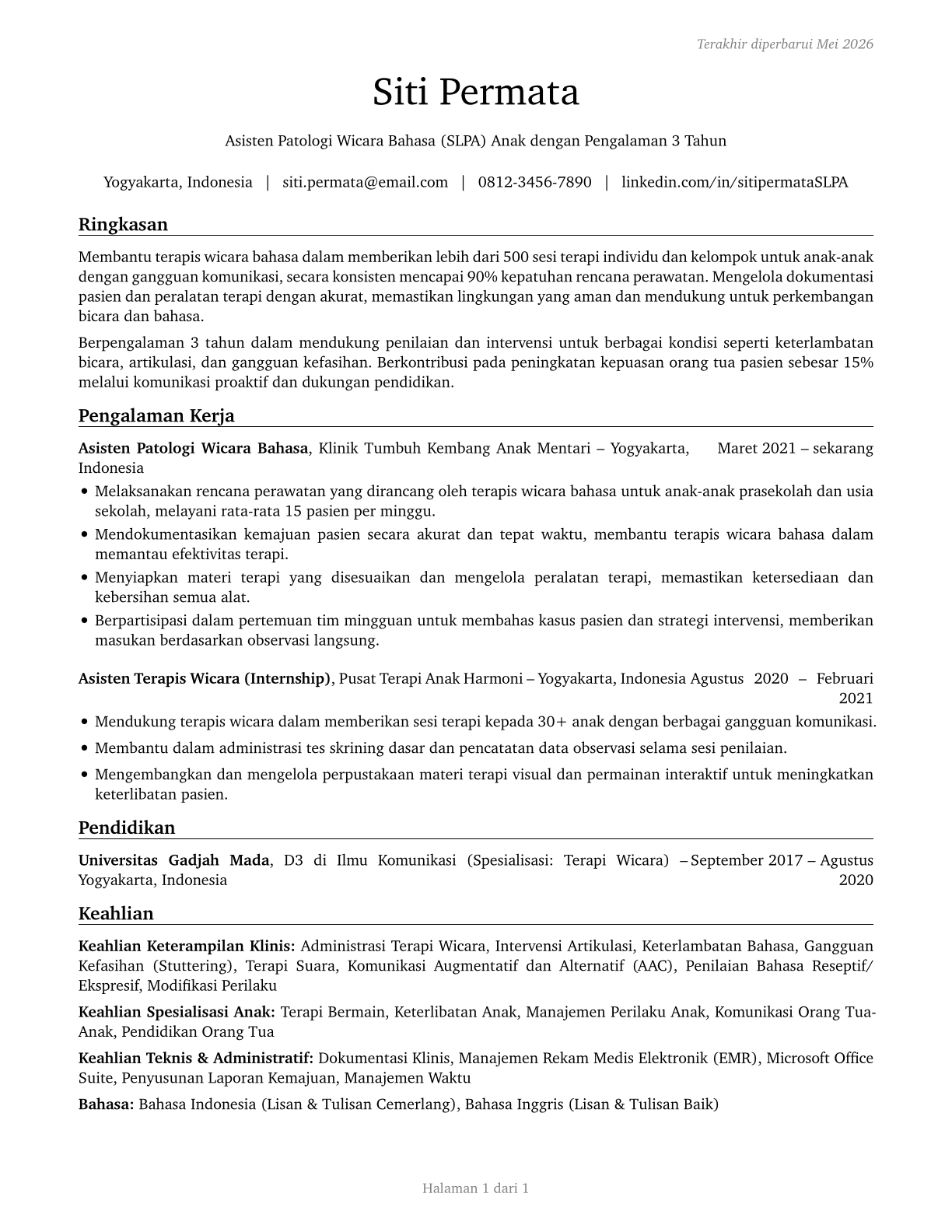 Speech-Language Pathology Assistants CV in Indonesian — page 1
