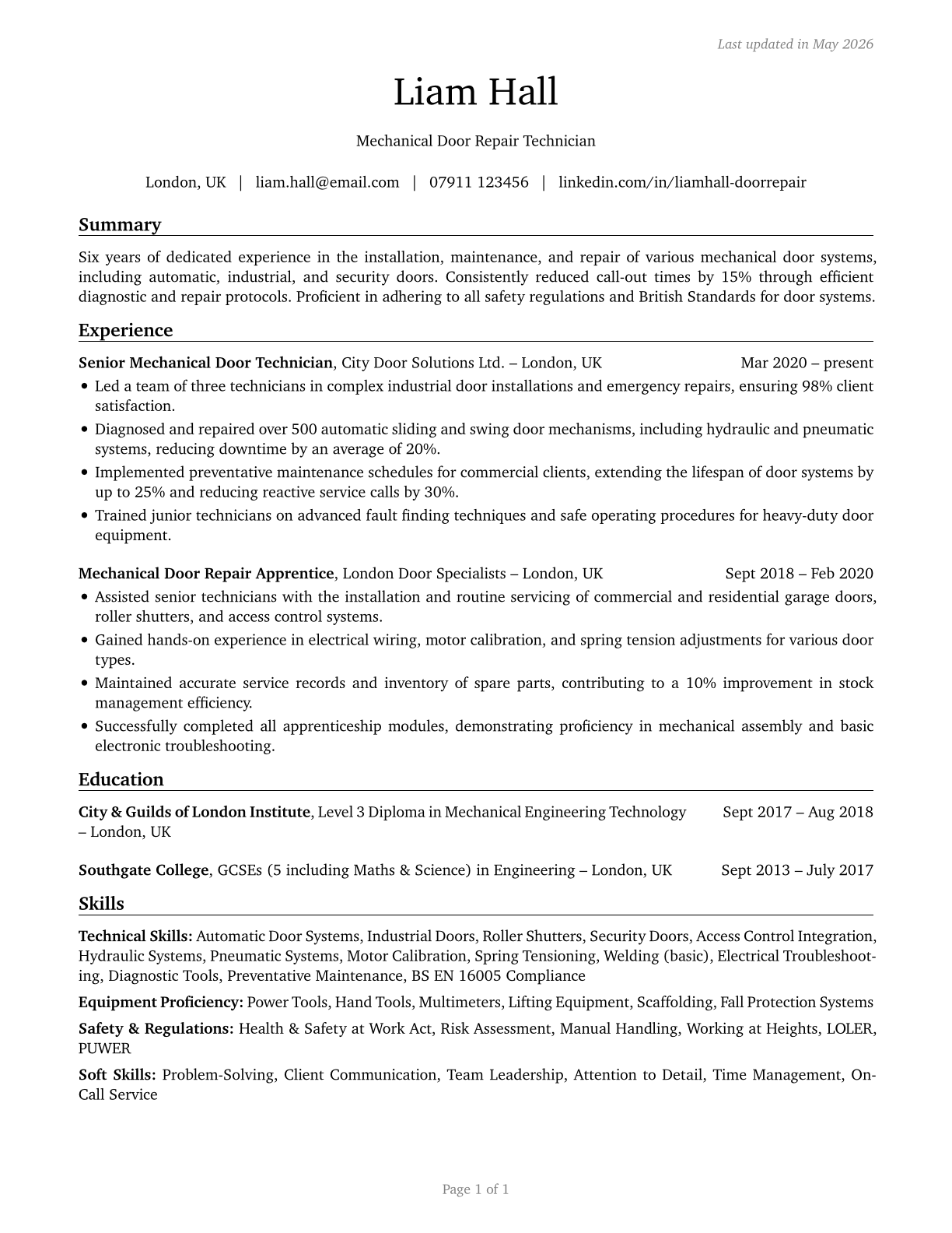 Mechanical Door Repairers CV in English — page 1