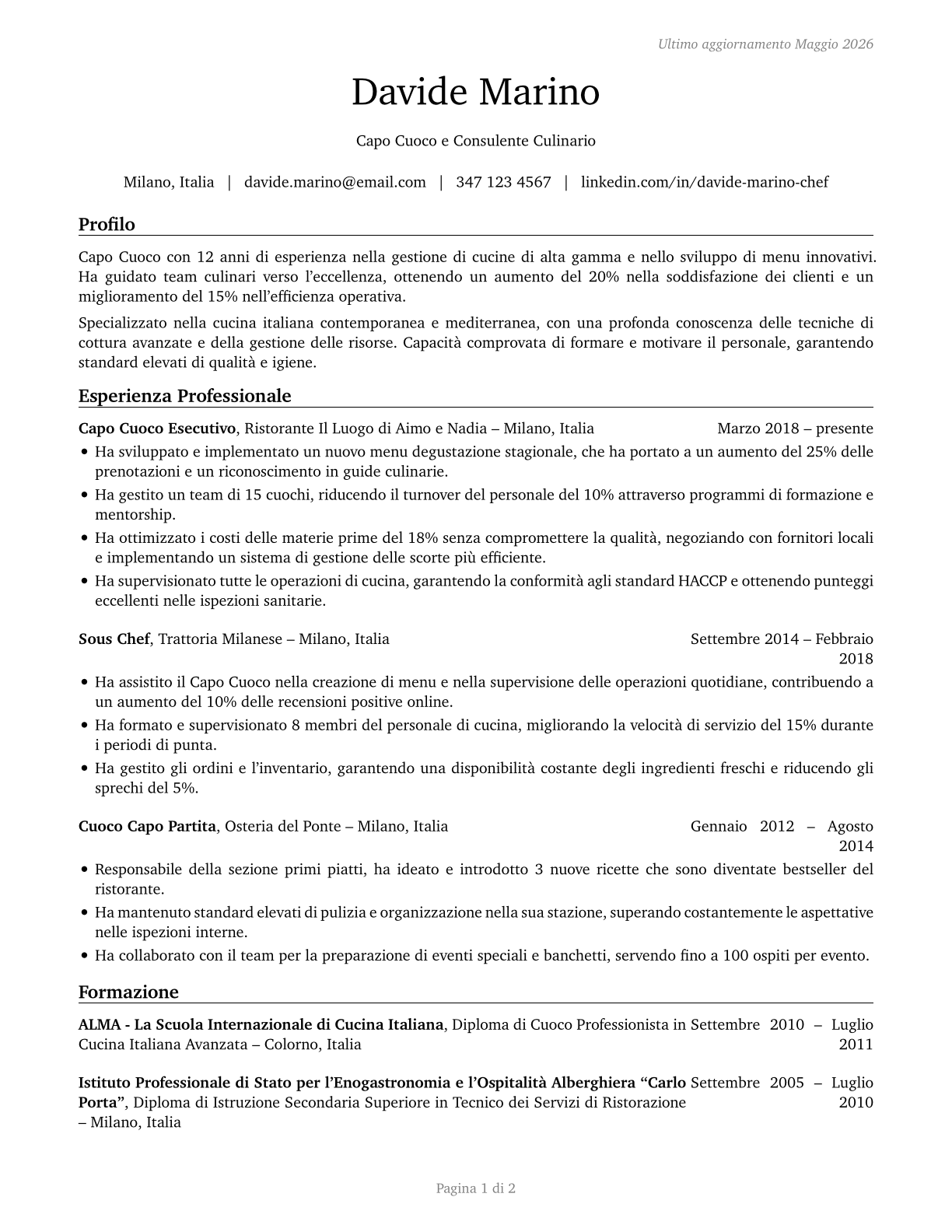 Chefs and Head Cooks CV in Italian — page 1