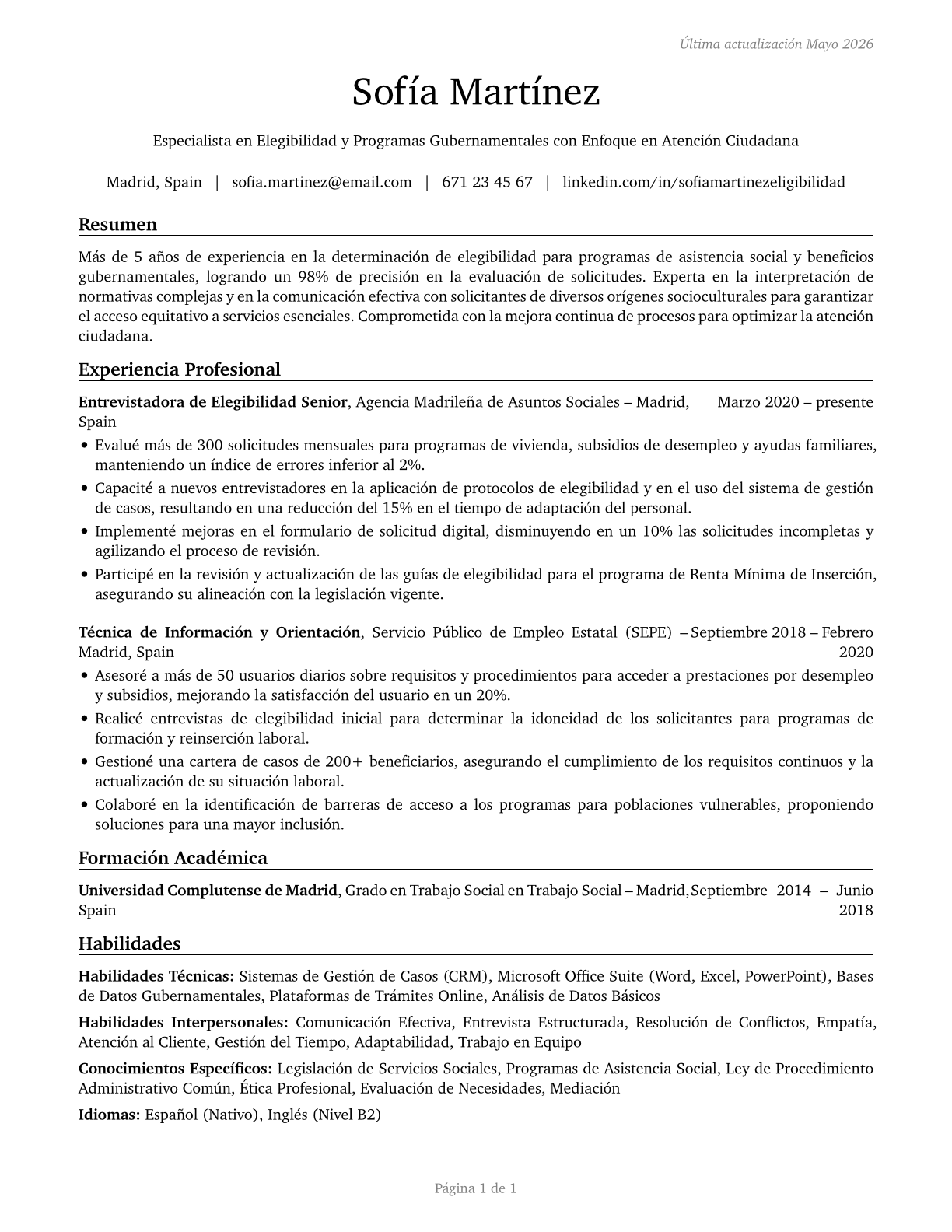 Eligibility Interviewers, Government Programs CV in Spanish — page 1