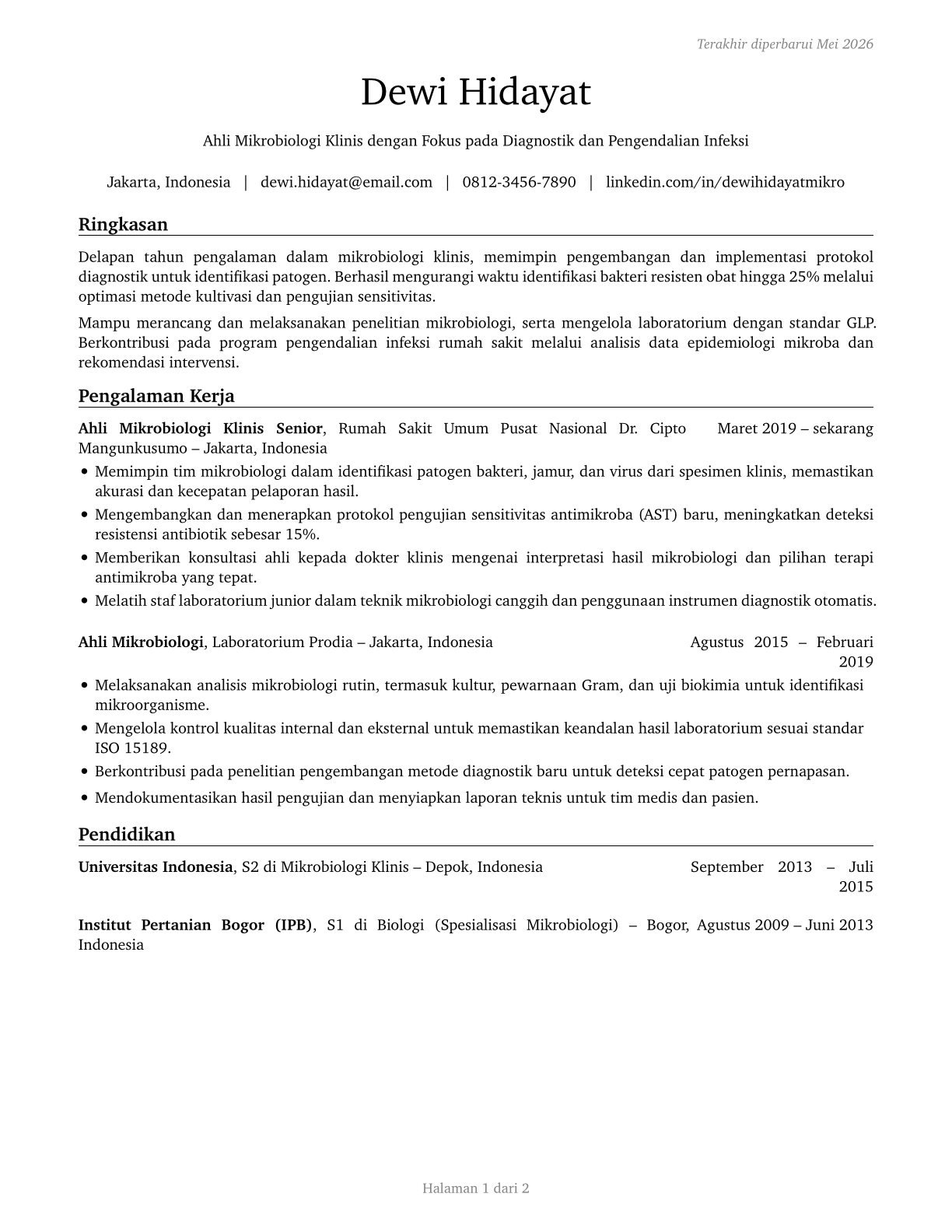 Microbiologists CV in Indonesian — page 1