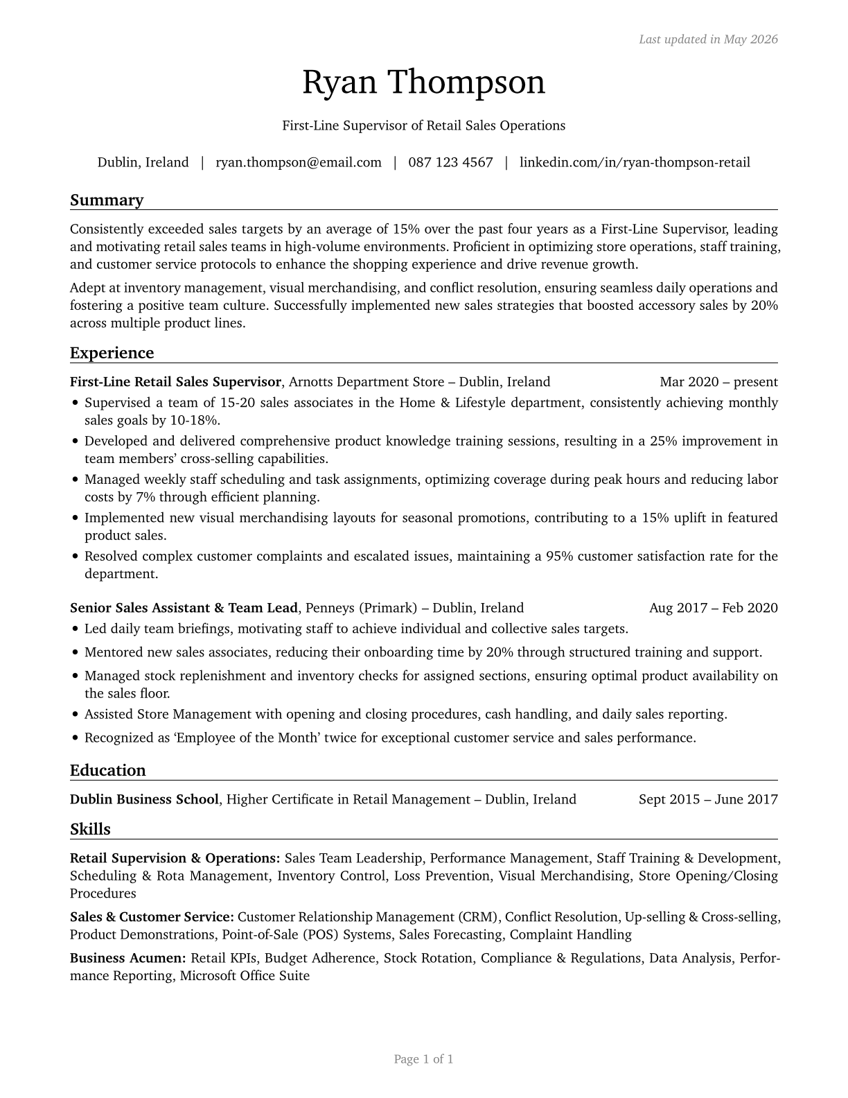 First-Line Supervisors of Retail Sales Workers CV in English — page 1