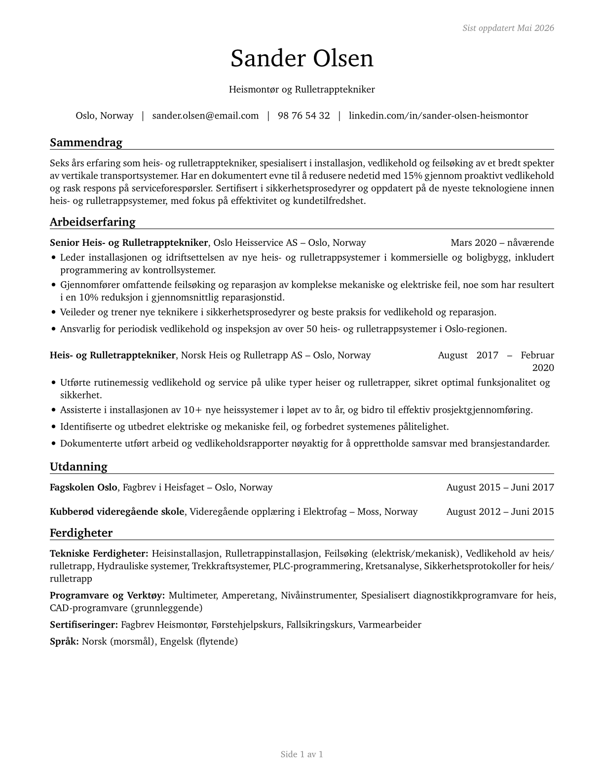 Elevator and Escalator Installers and Repairers CV in Norwegian_bokmal — page 1